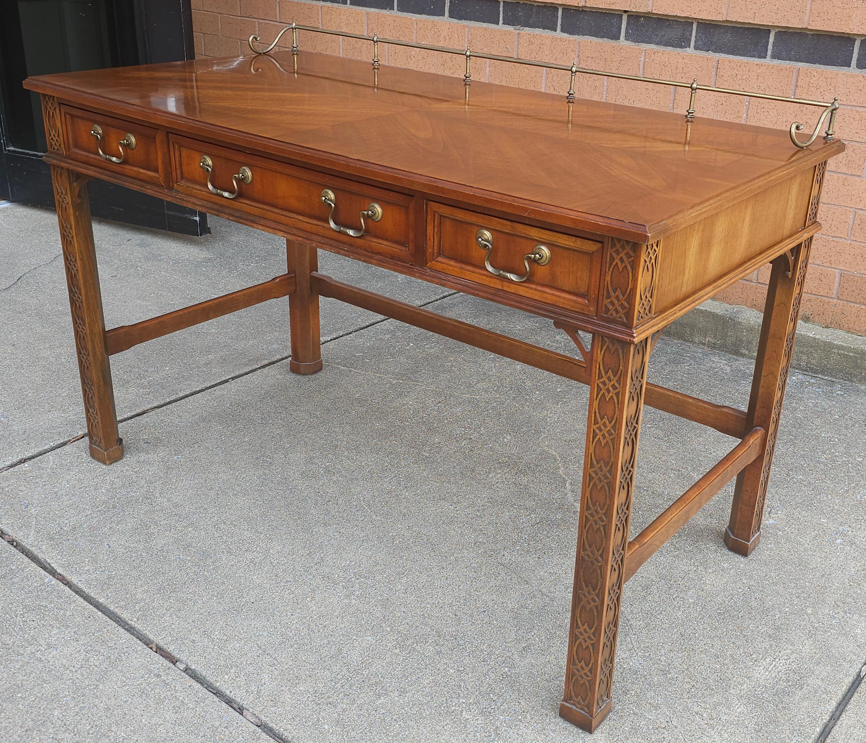 20th Century George III Style Blind Fretwork Mahogany Table Desk w/ Gallery For Sale