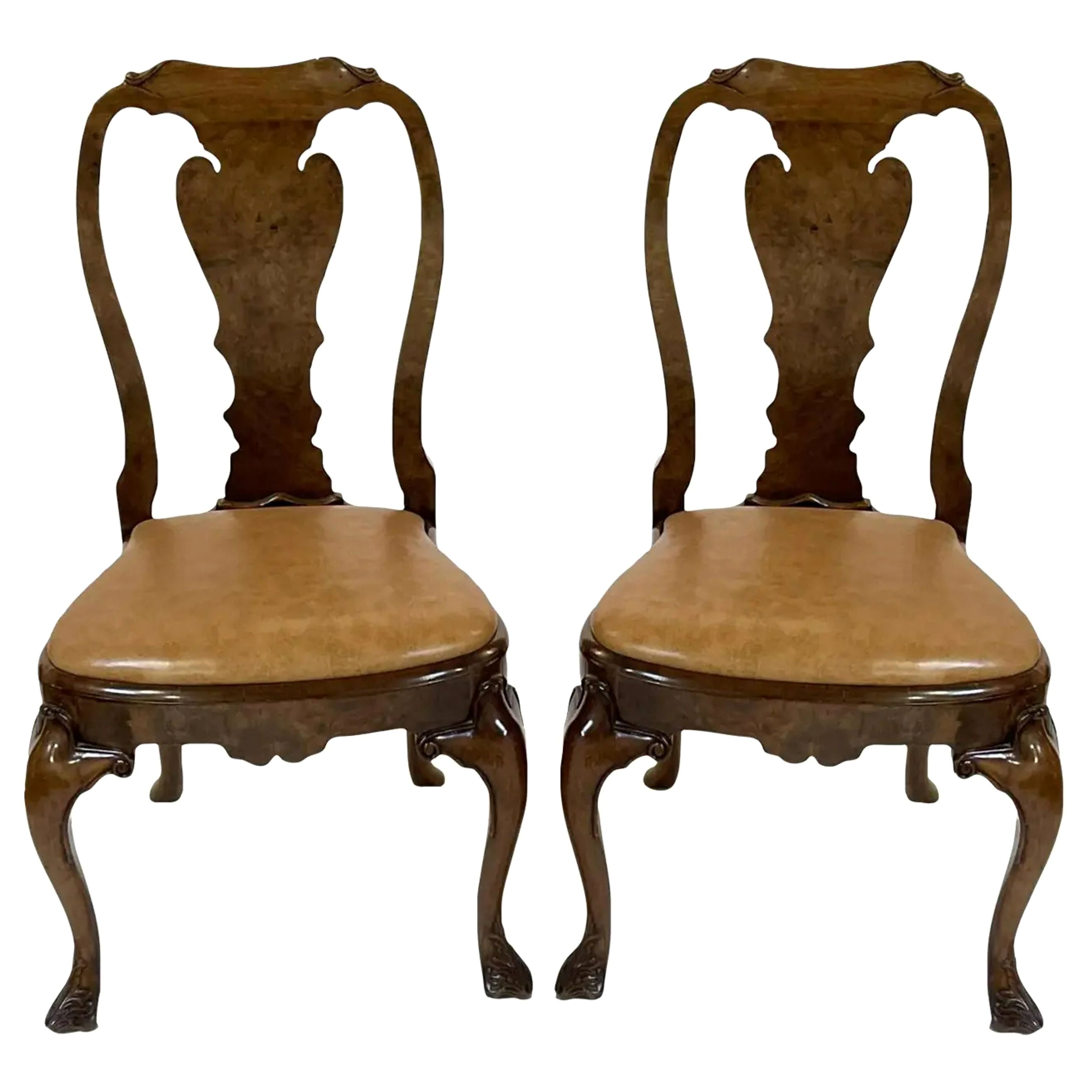 George III Style Burton Ching Burl Walnut Dining Chairs, 1990s