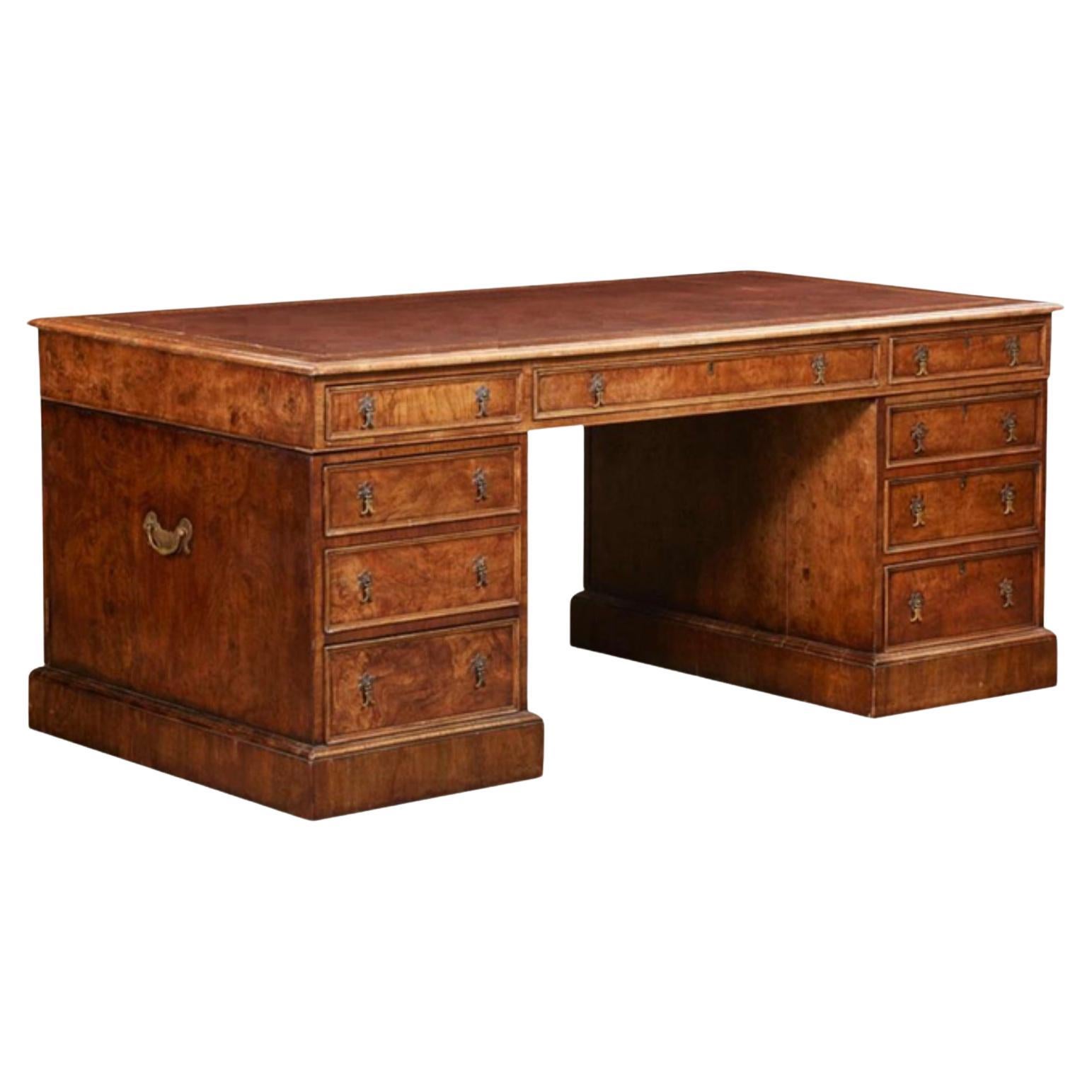 George III Style Burton-Ching Burl Walnut Pedestal Partners Desk