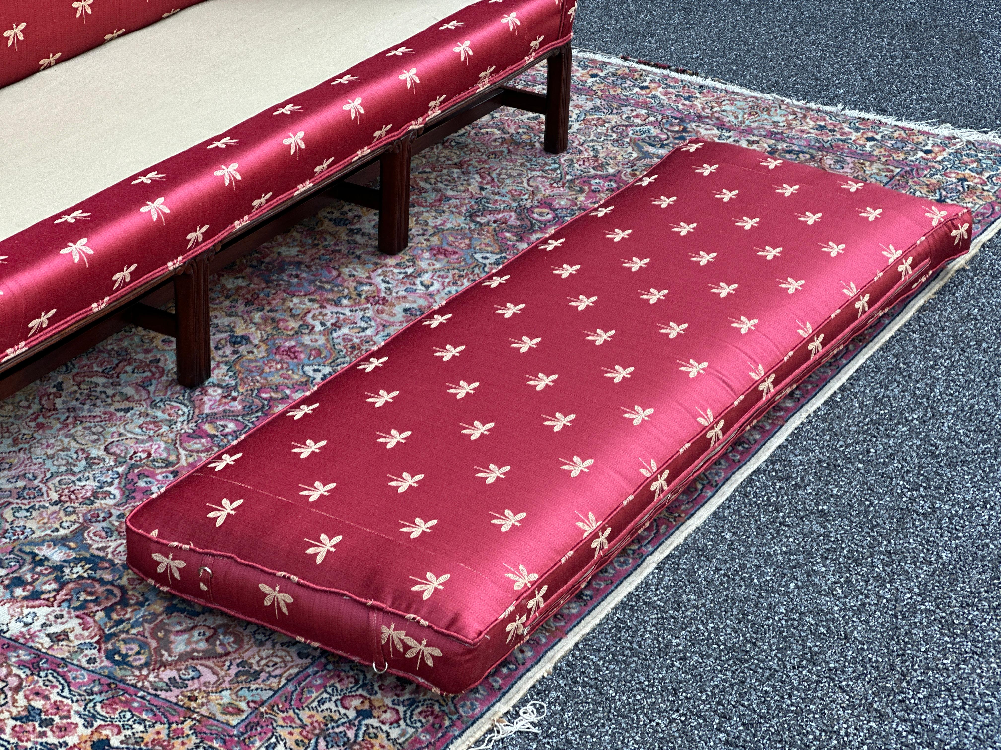 George III Style Camel Back Sofa With Red Dragonfly Upholstery and Throw Pillows 5