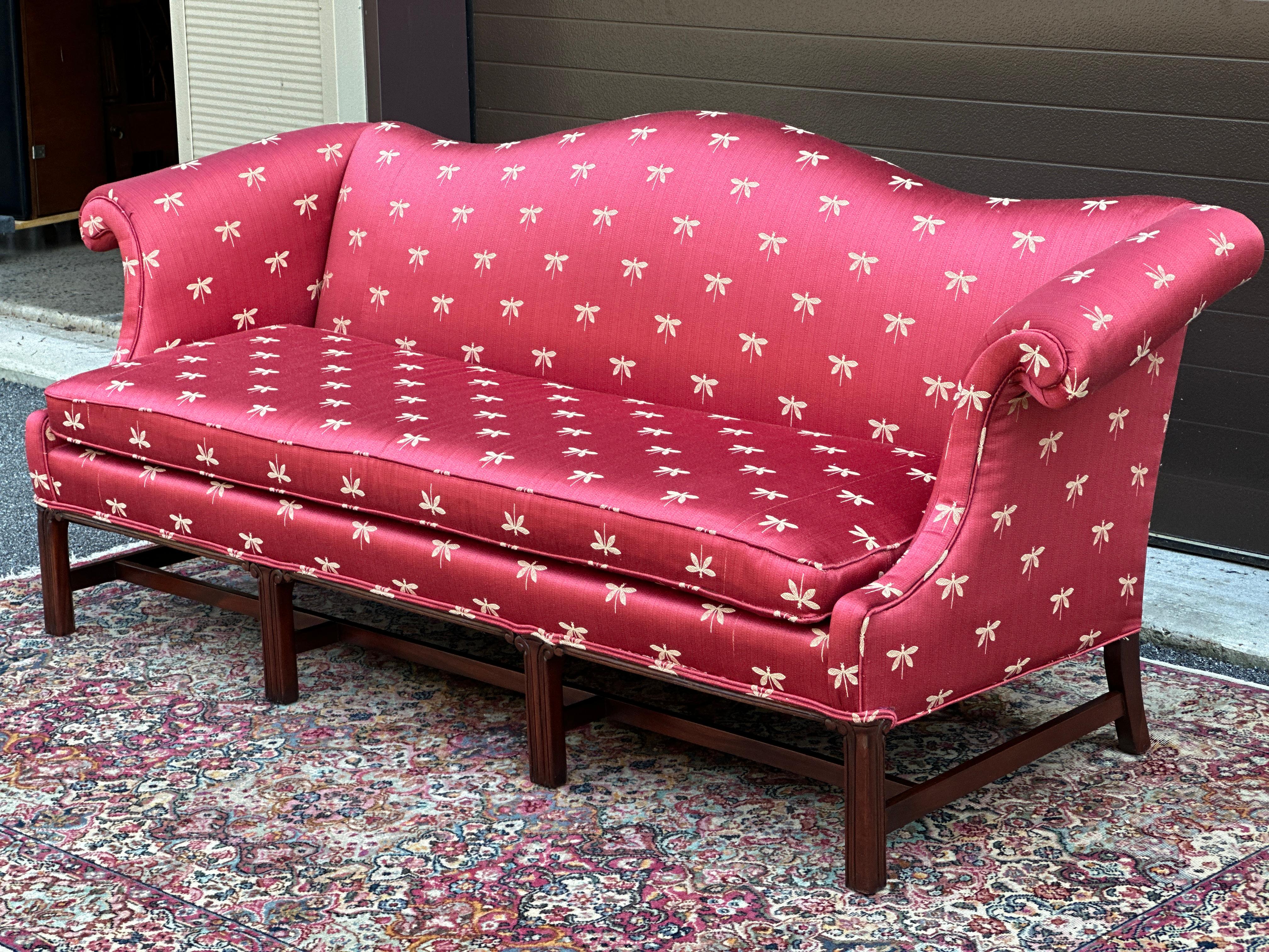 George III Style Camel Back Sofa With Red Dragonfly Upholstery and Throw Pillows 7
