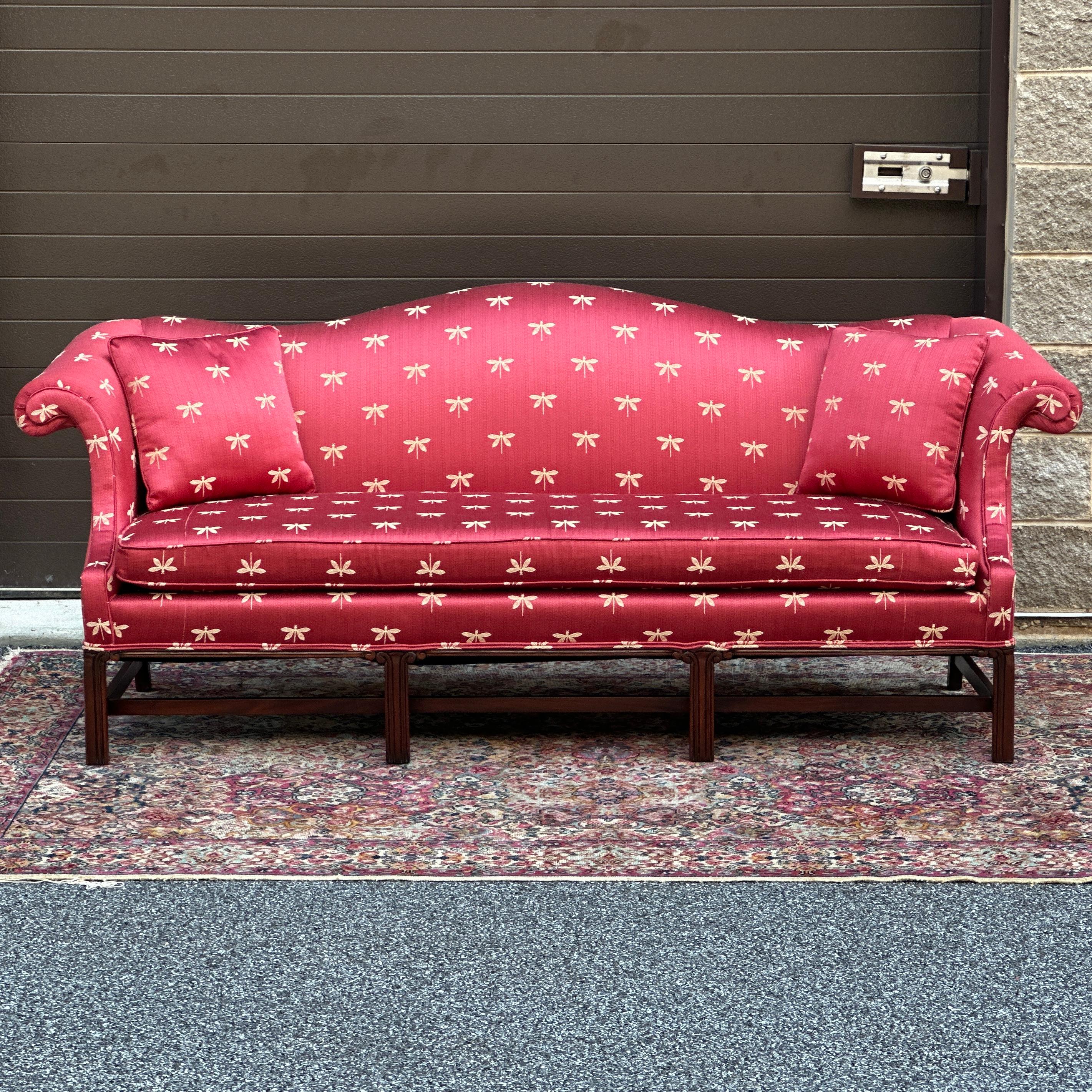 George III Style Camel Back Sofa With Red Dragonfly Upholstery and Throw Pillows 8