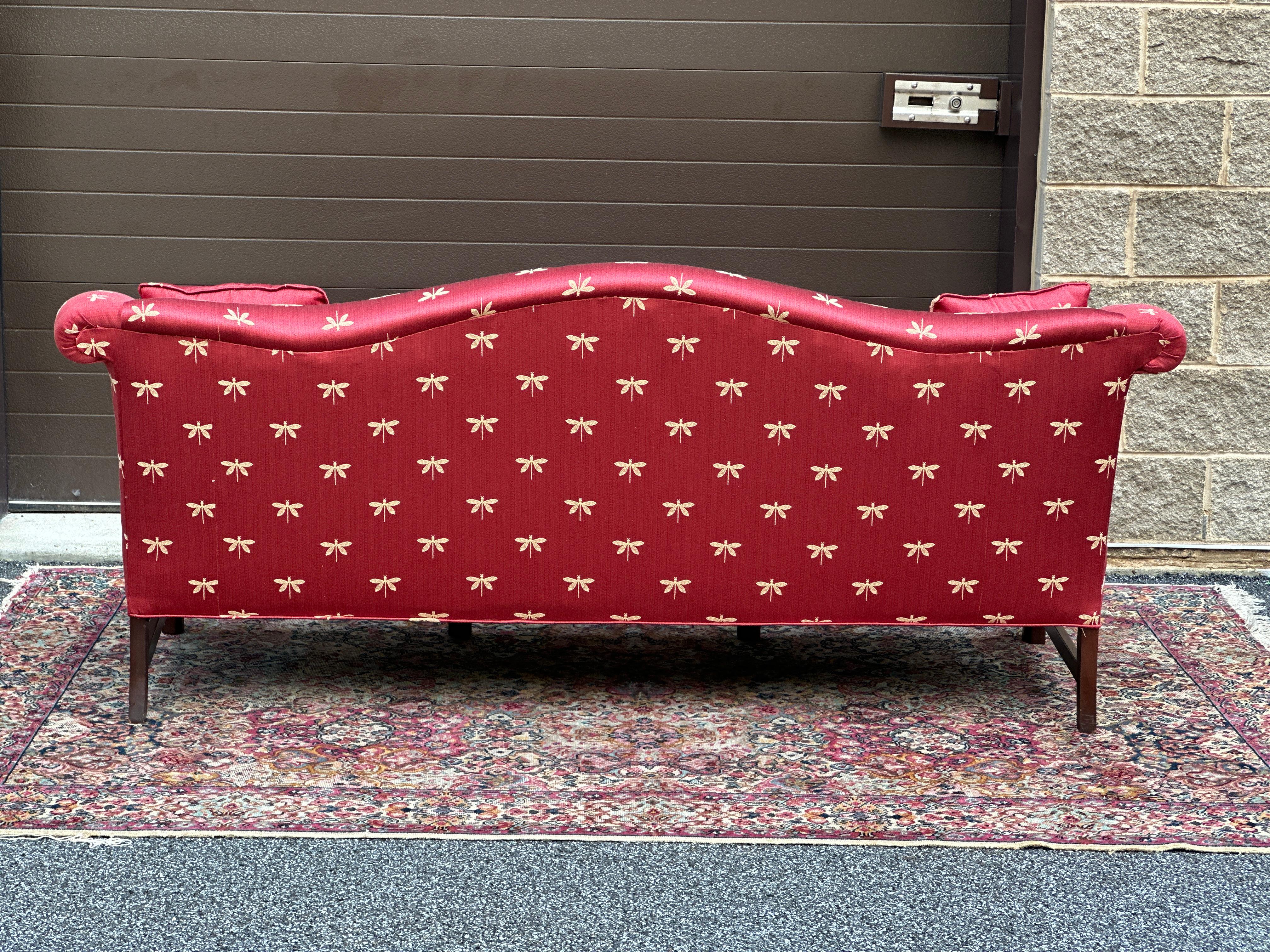 George III Style Camel Back Sofa With Red Dragonfly Upholstery and Throw Pillows 9