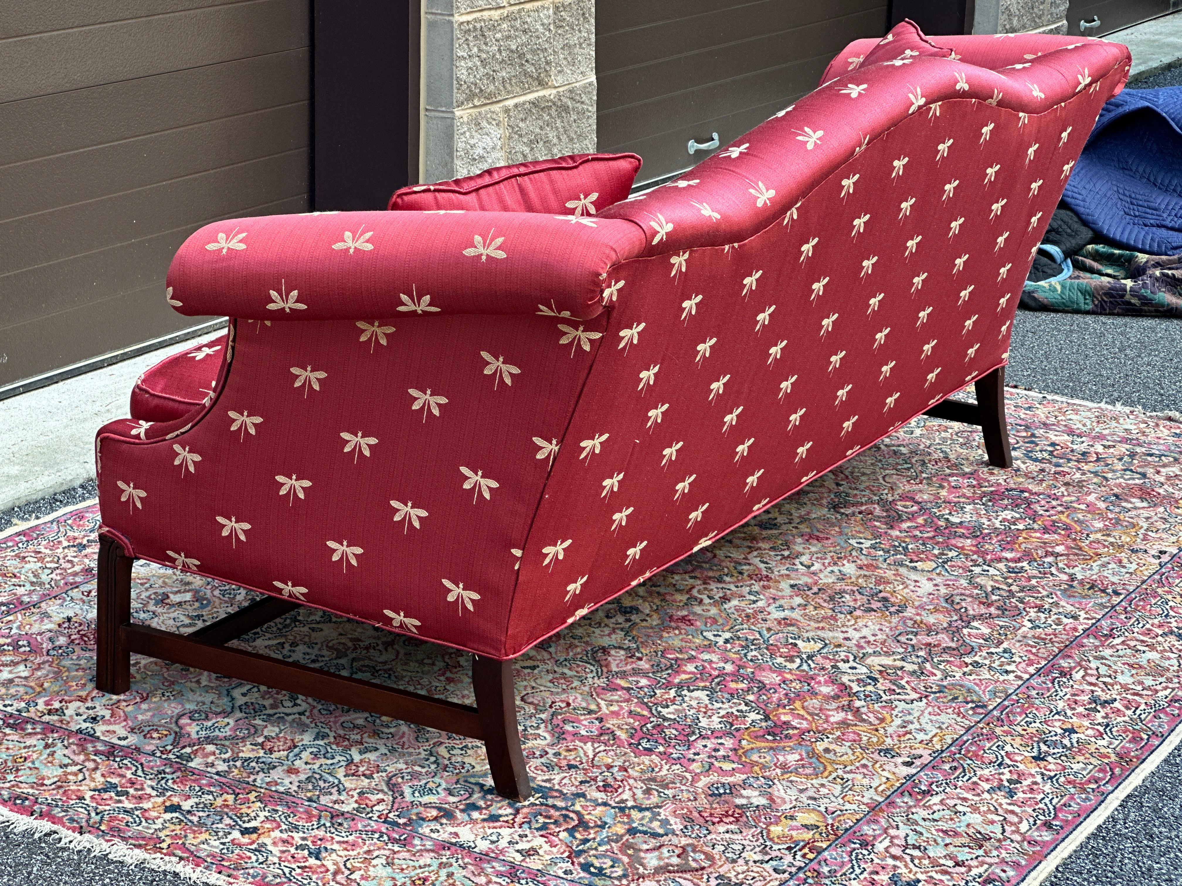 George III Style Camel Back Sofa With Red Dragonfly Upholstery and Throw Pillows 10