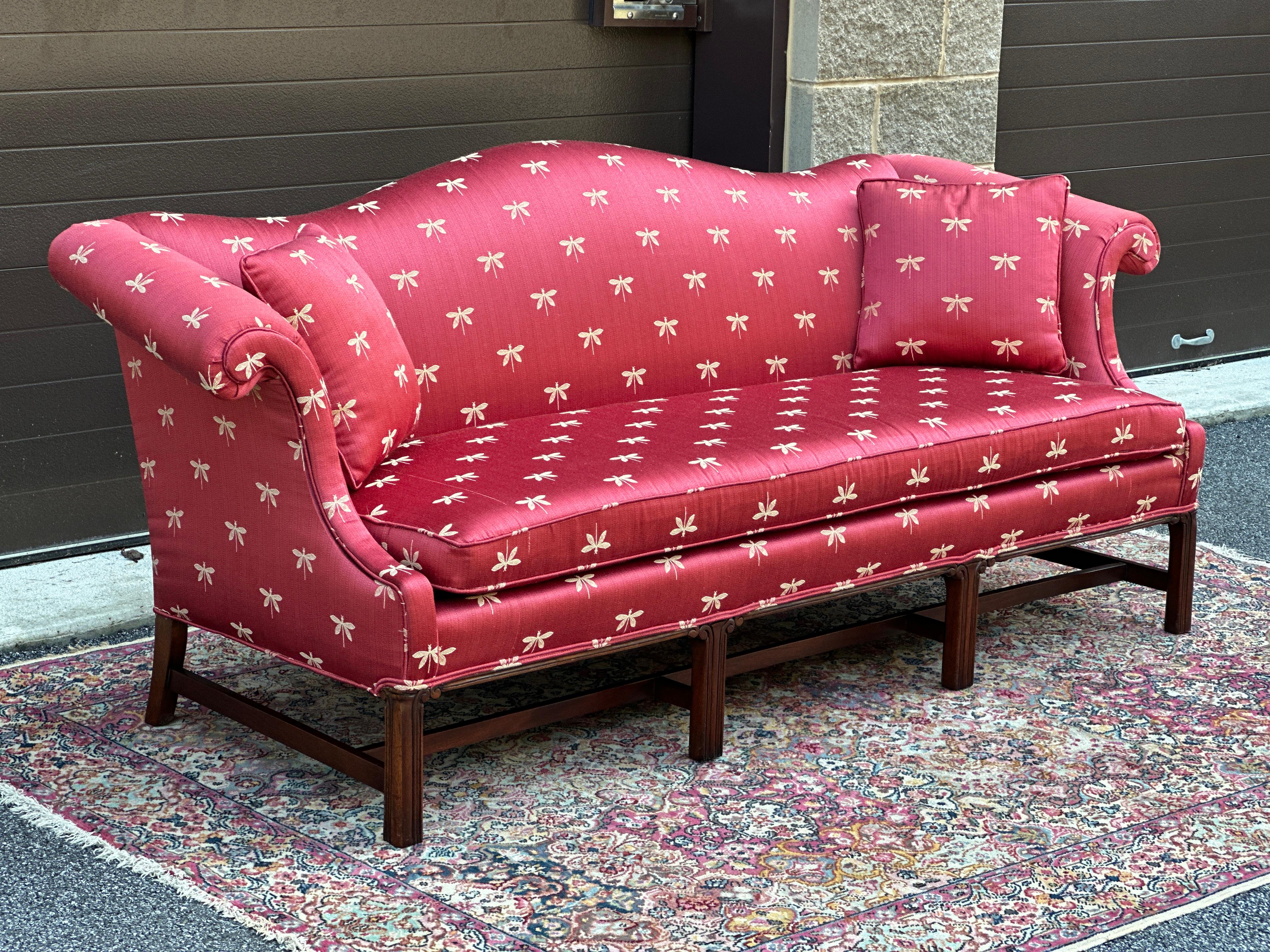 American George III Style Camel Back Sofa With Red Dragonfly Upholstery and Throw Pillows