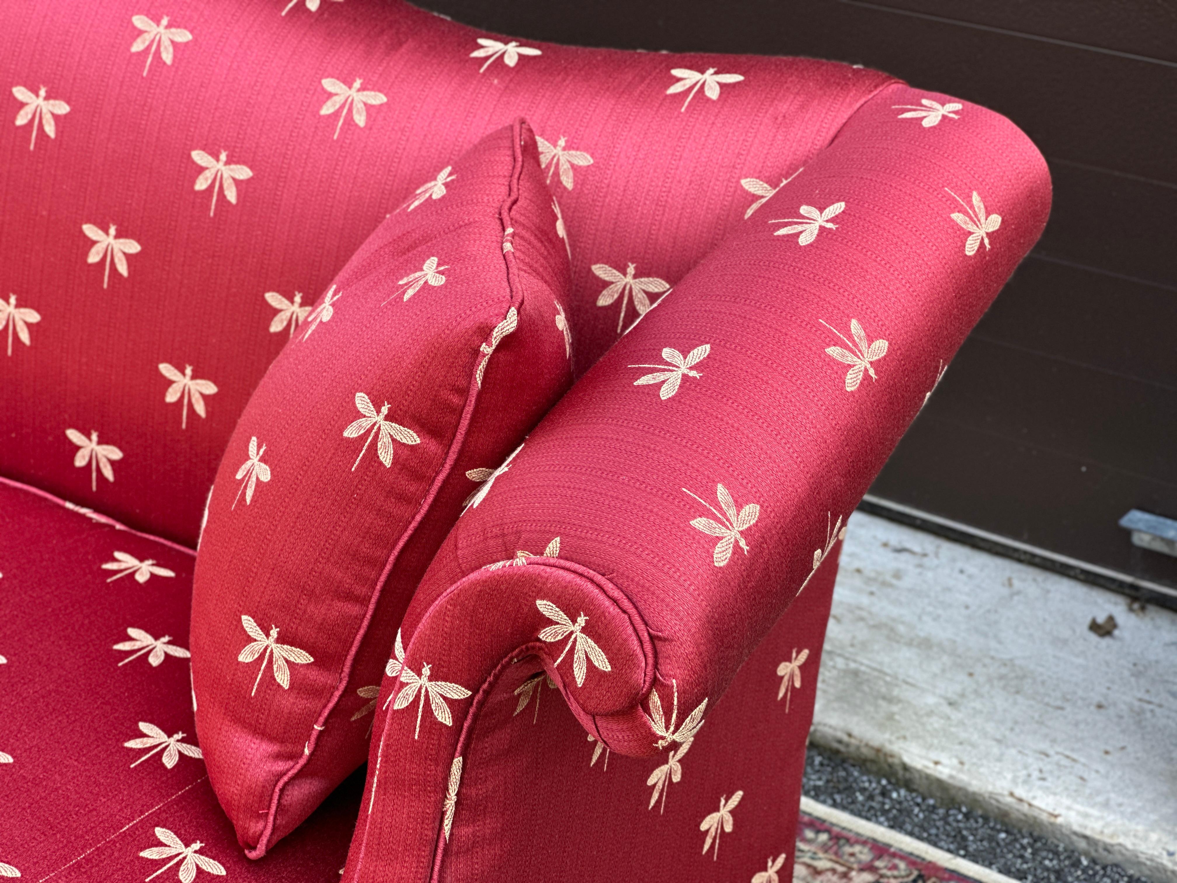 20th Century George III Style Camel Back Sofa With Red Dragonfly Upholstery and Throw Pillows