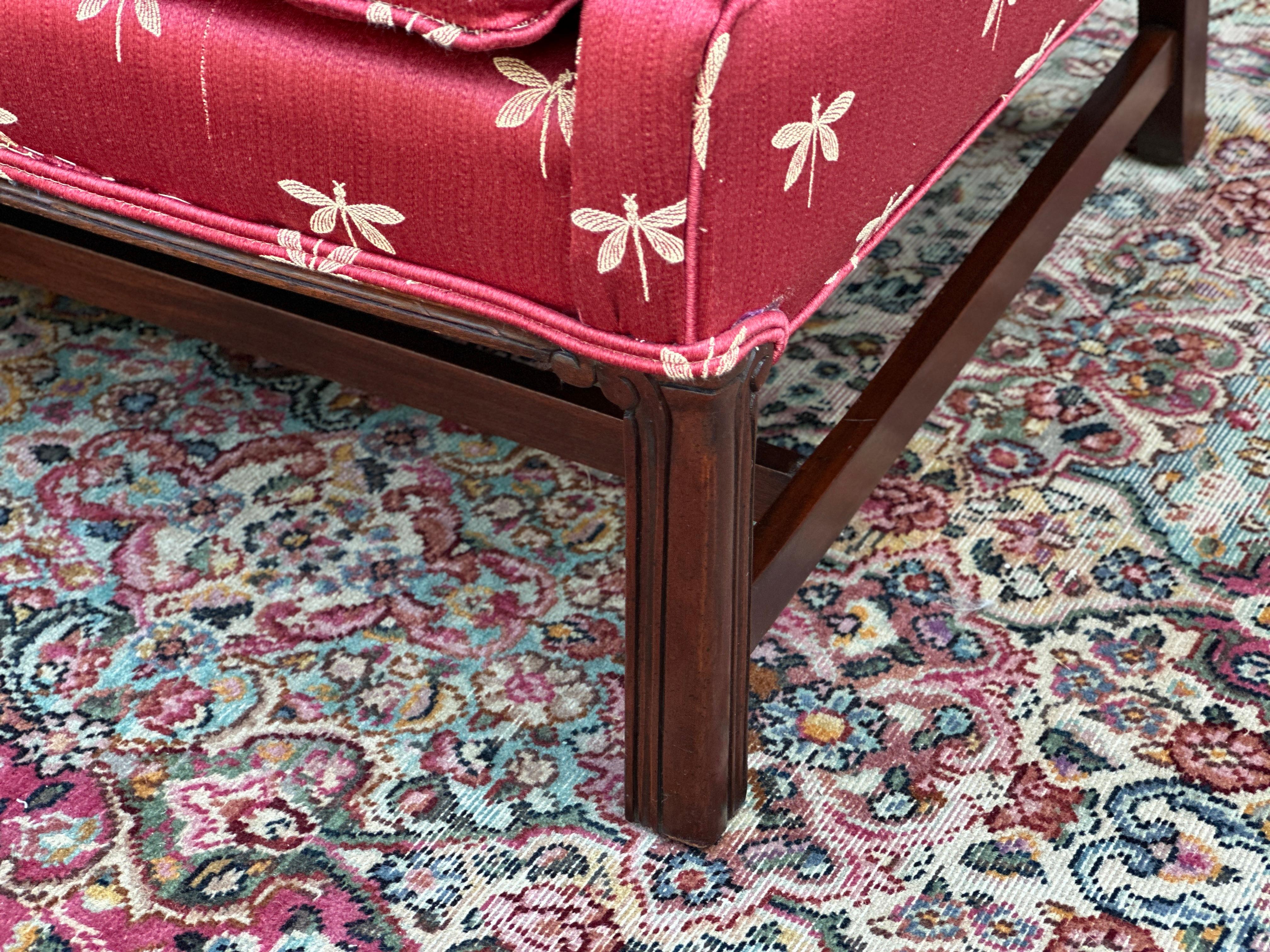 George III Style Camel Back Sofa With Red Dragonfly Upholstery and Throw Pillows 1