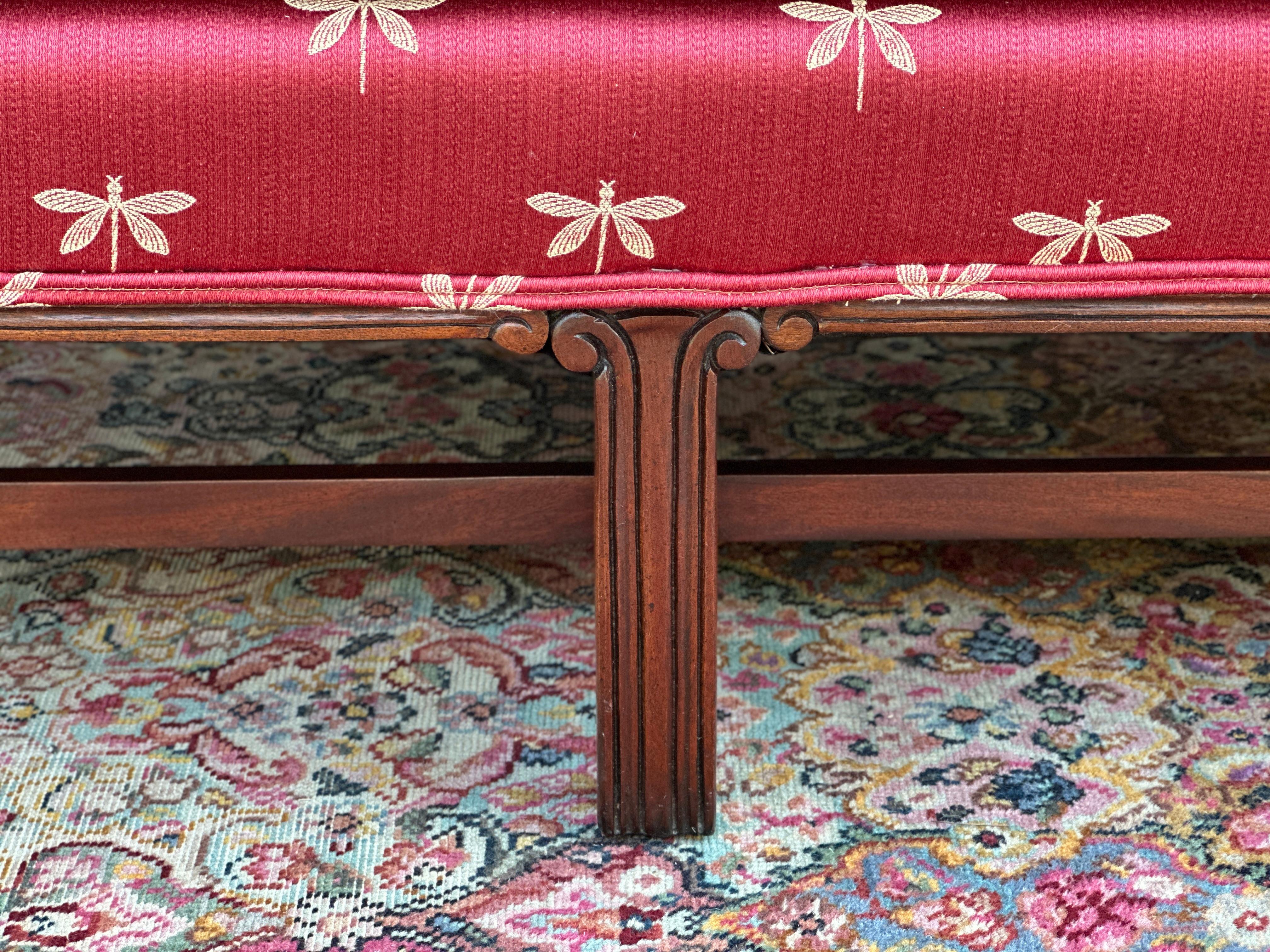 George III Style Camel Back Sofa With Red Dragonfly Upholstery and Throw Pillows 2