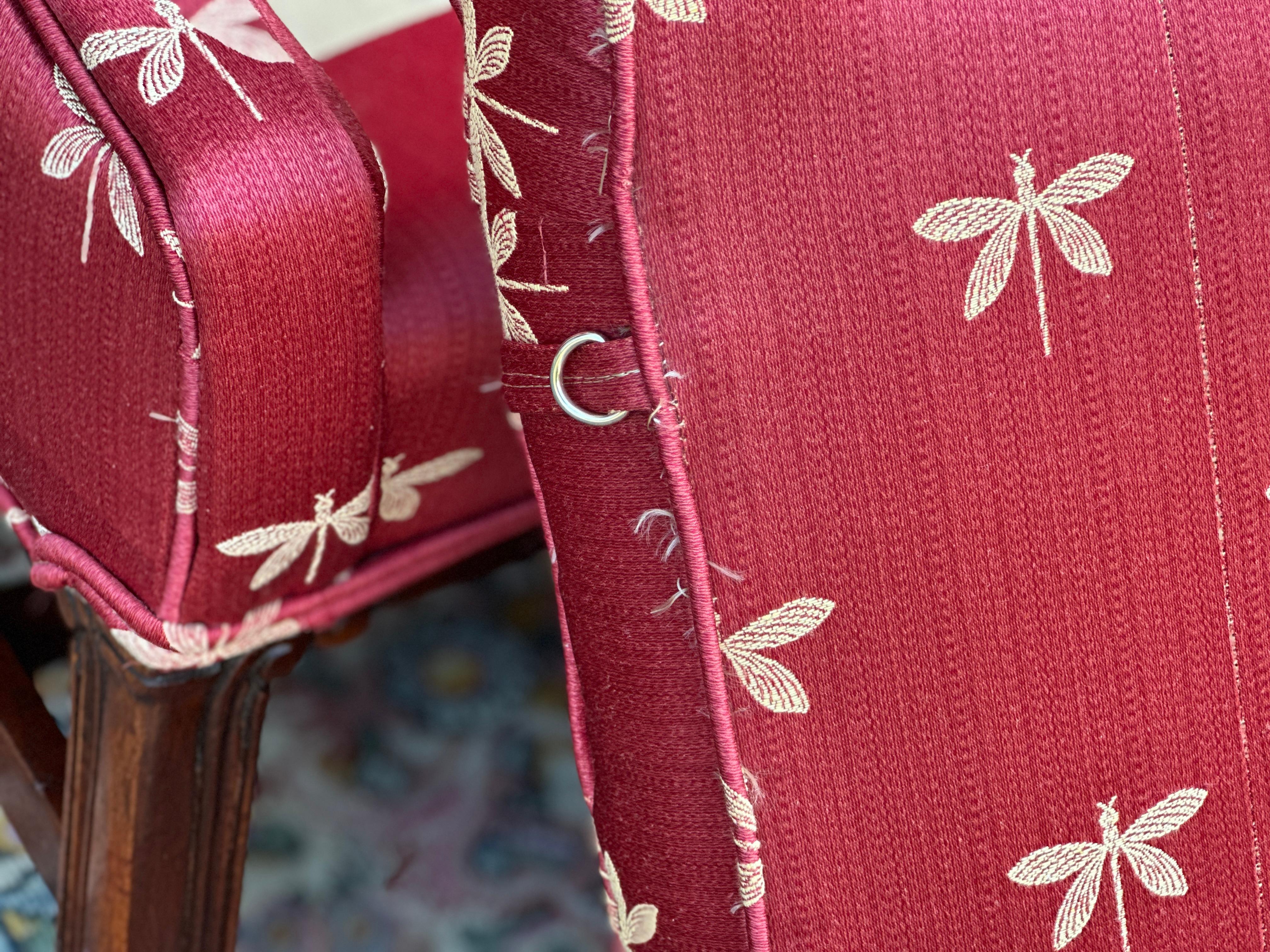 George III Style Camel Back Sofa With Red Dragonfly Upholstery and Throw Pillows 4