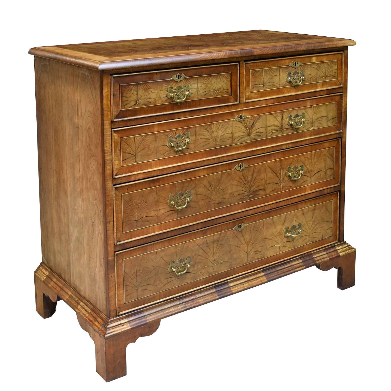 Carved English George III Style Chest of Drawers with Yew-Wood Oyster Veneer For Sale