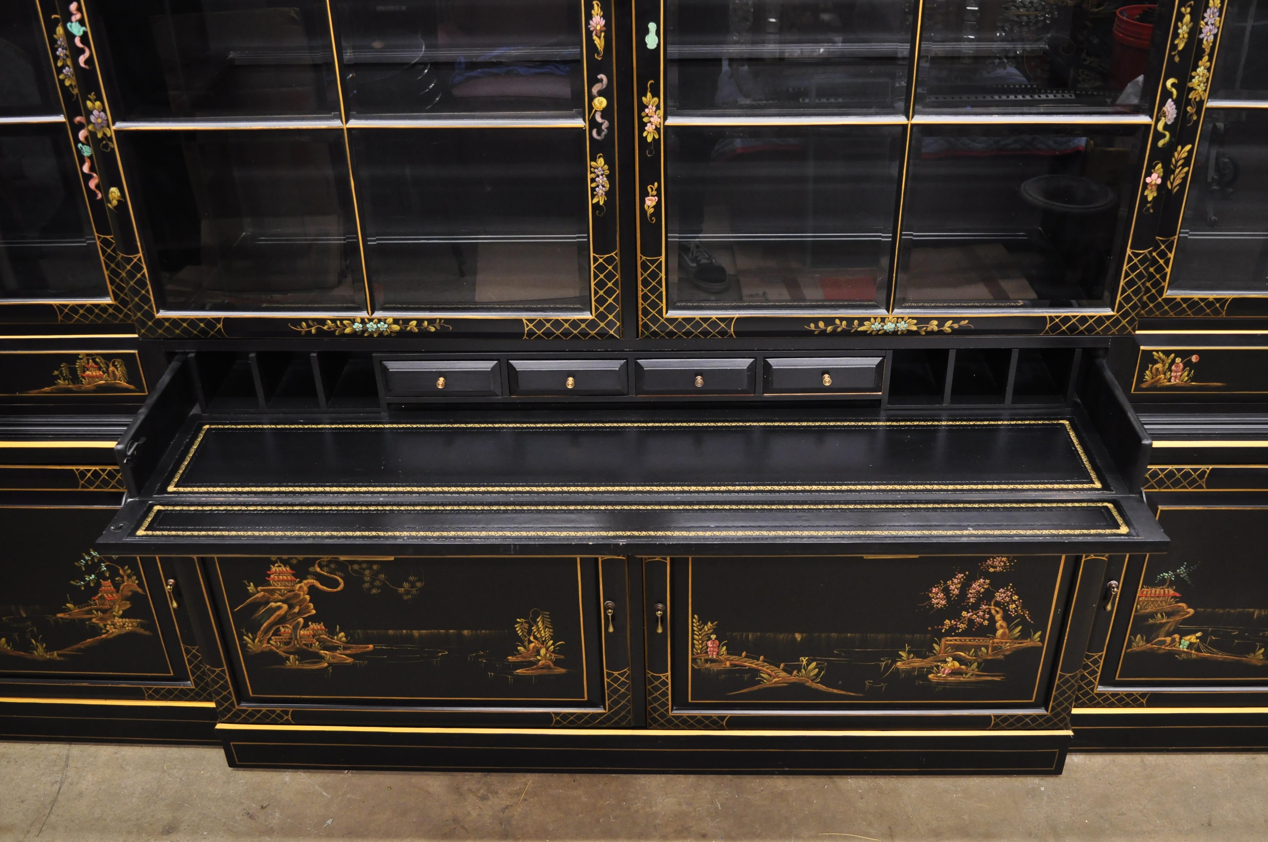 George III Style Chinoiserie Decorated Black Japanned Large Breakfront Bookcase 6
