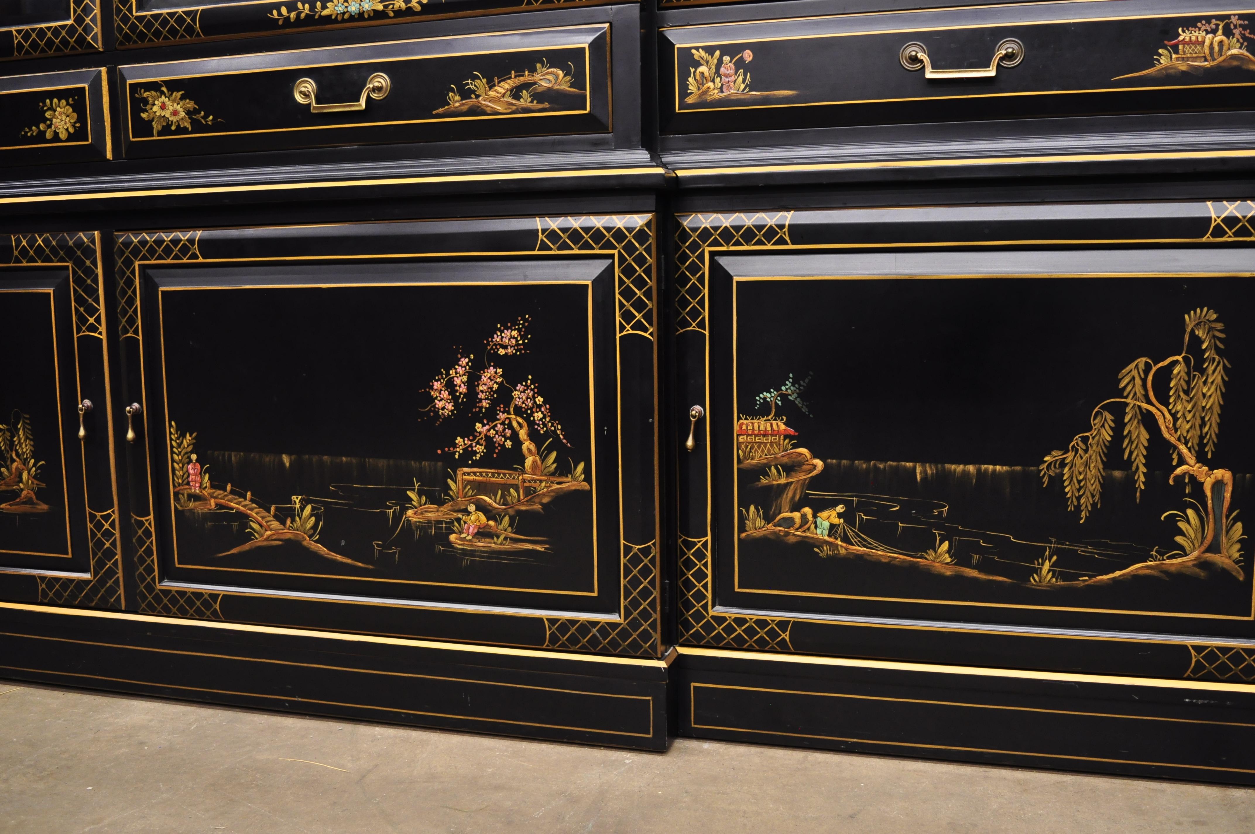 George III Style Chinoiserie Decorated Black Japanned Large Breakfront Bookcase 7