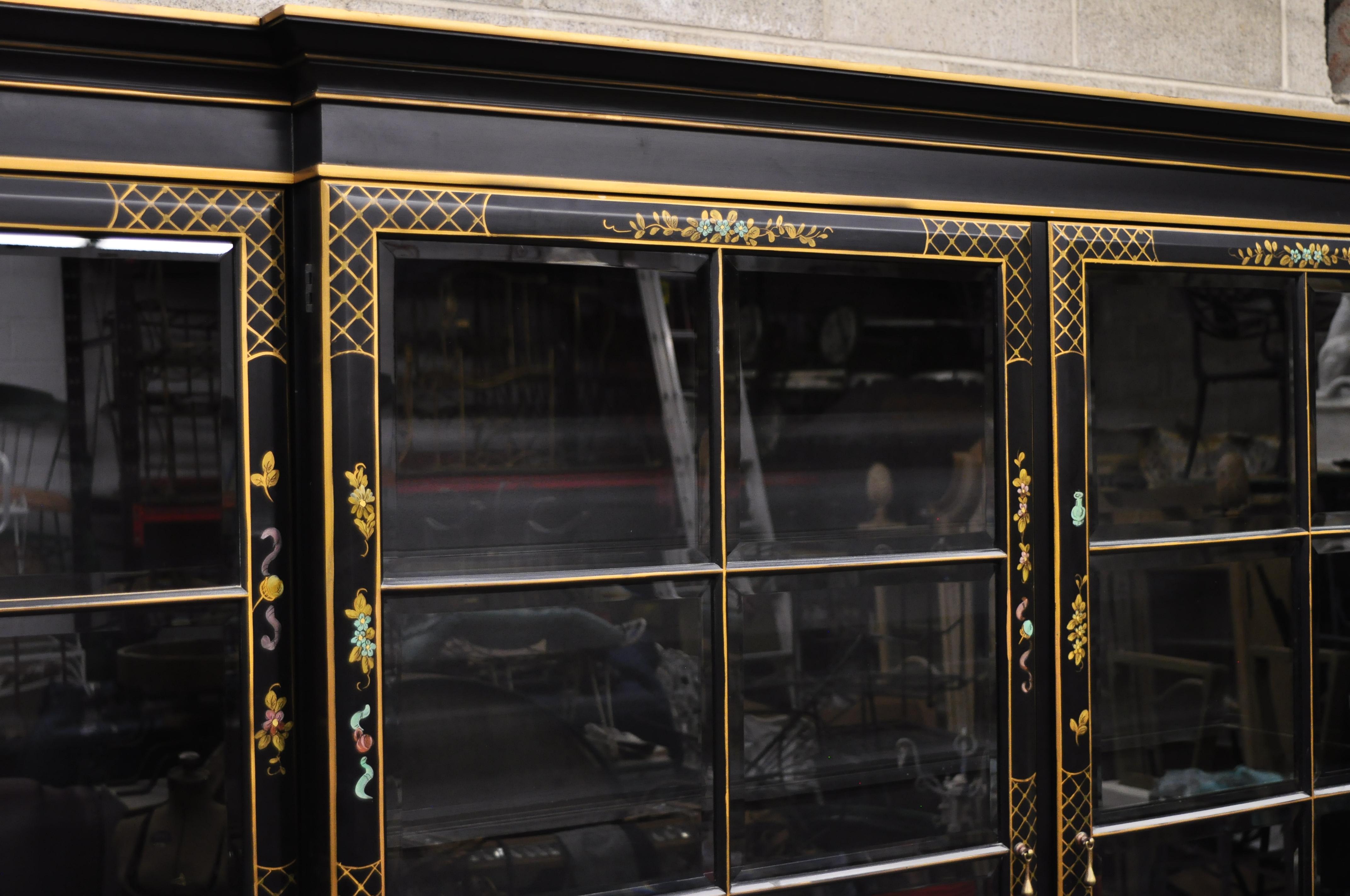 George III Style Chinoiserie Decorated Black Japanned Large Breakfront Bookcase 8