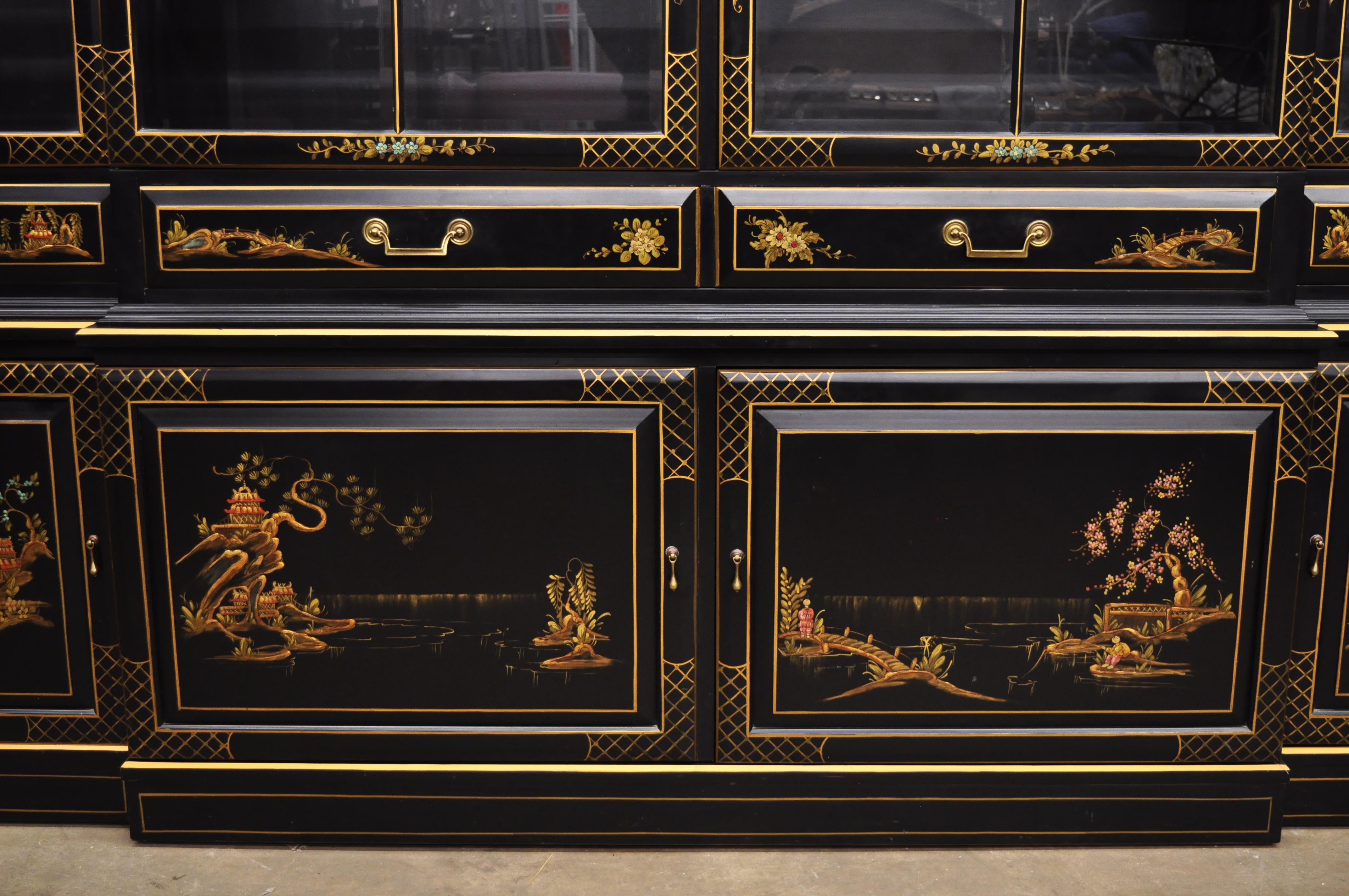 George III Style Chinoiserie Decorated Black Japanned Large Breakfront Bookcase 9