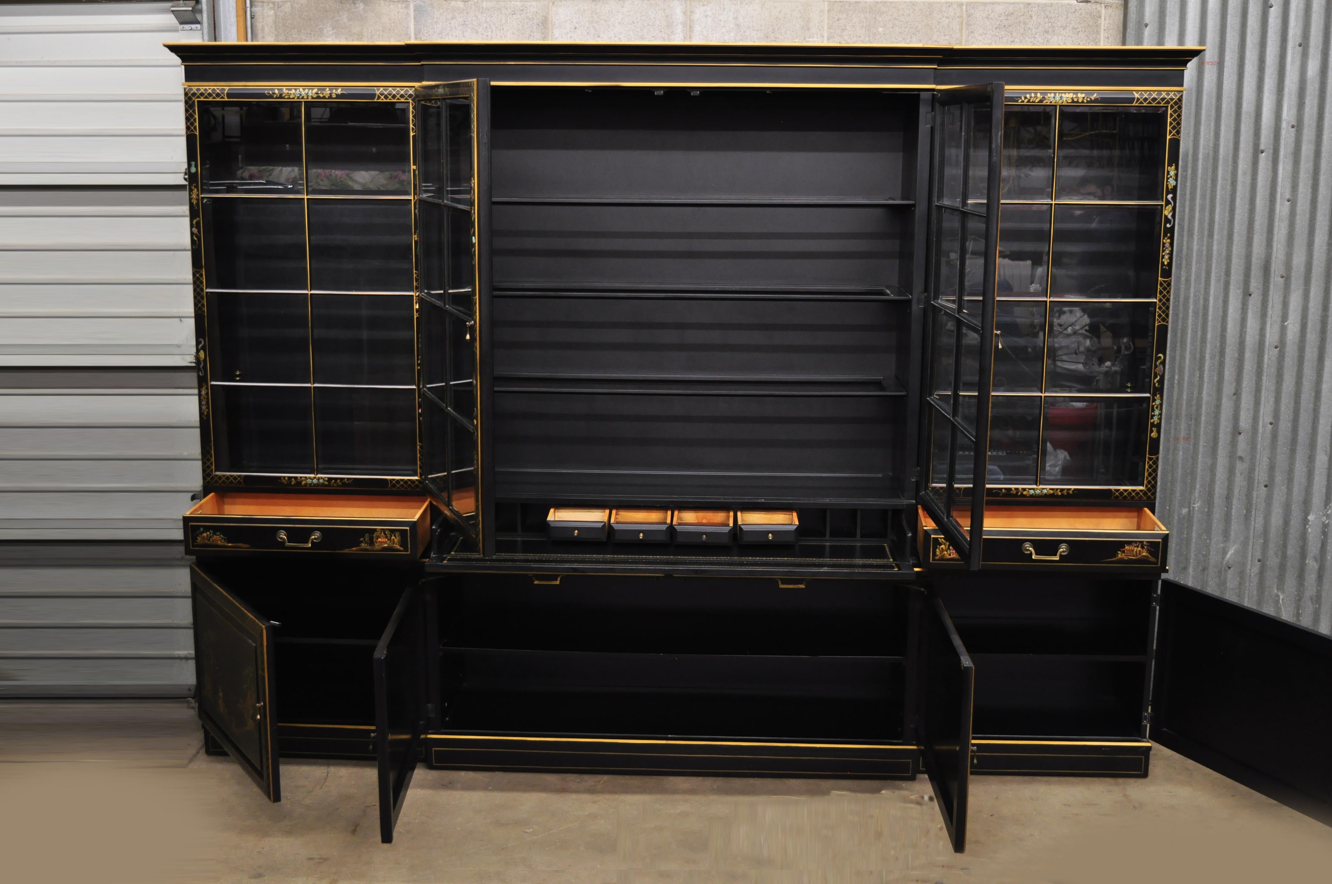 George III Style Chinoiserie Decorated Black Japanned Large Breakfront Bookcase 1