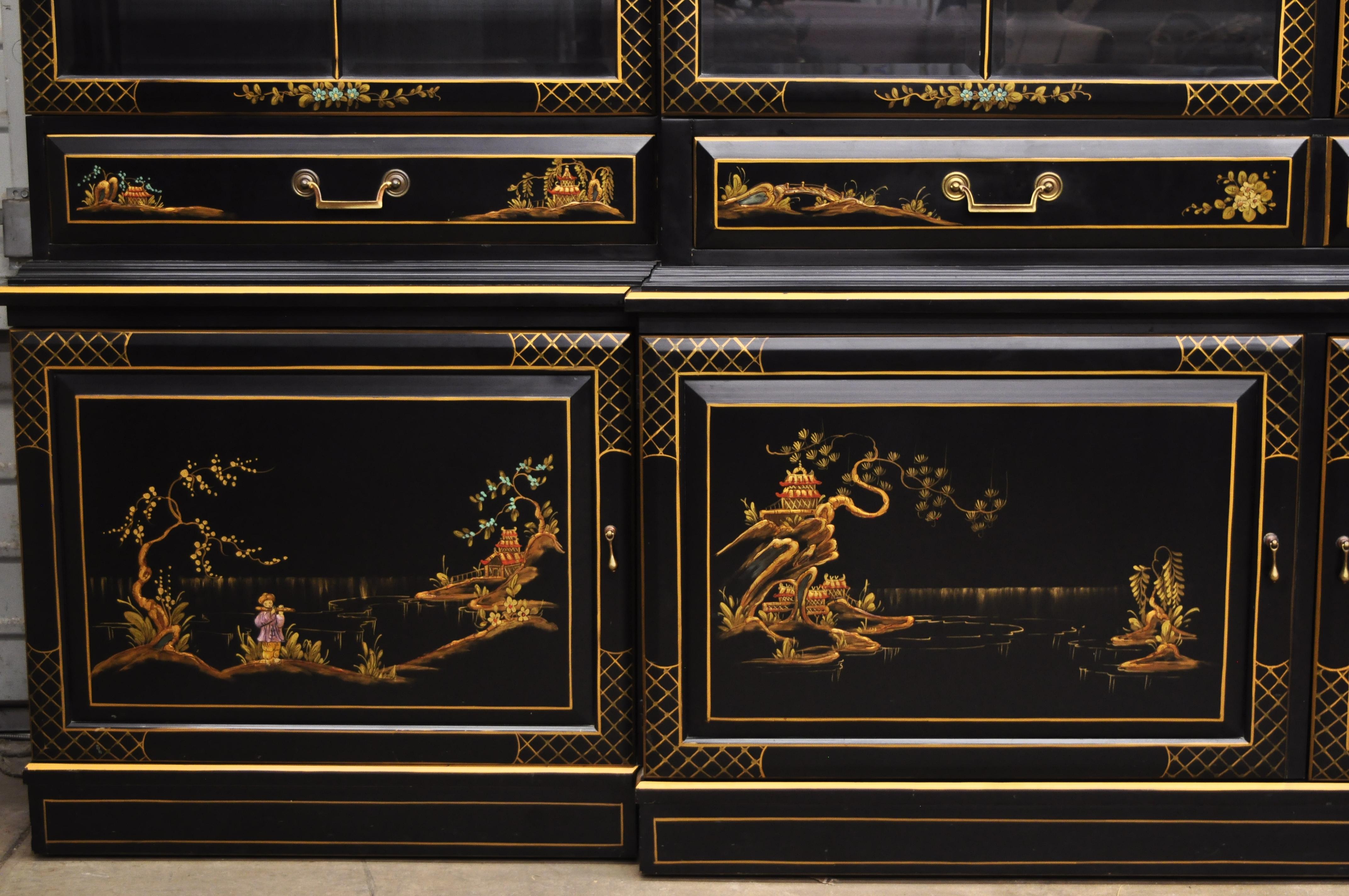 George III Style Chinoiserie Decorated Black Japanned Large Breakfront Bookcase 2