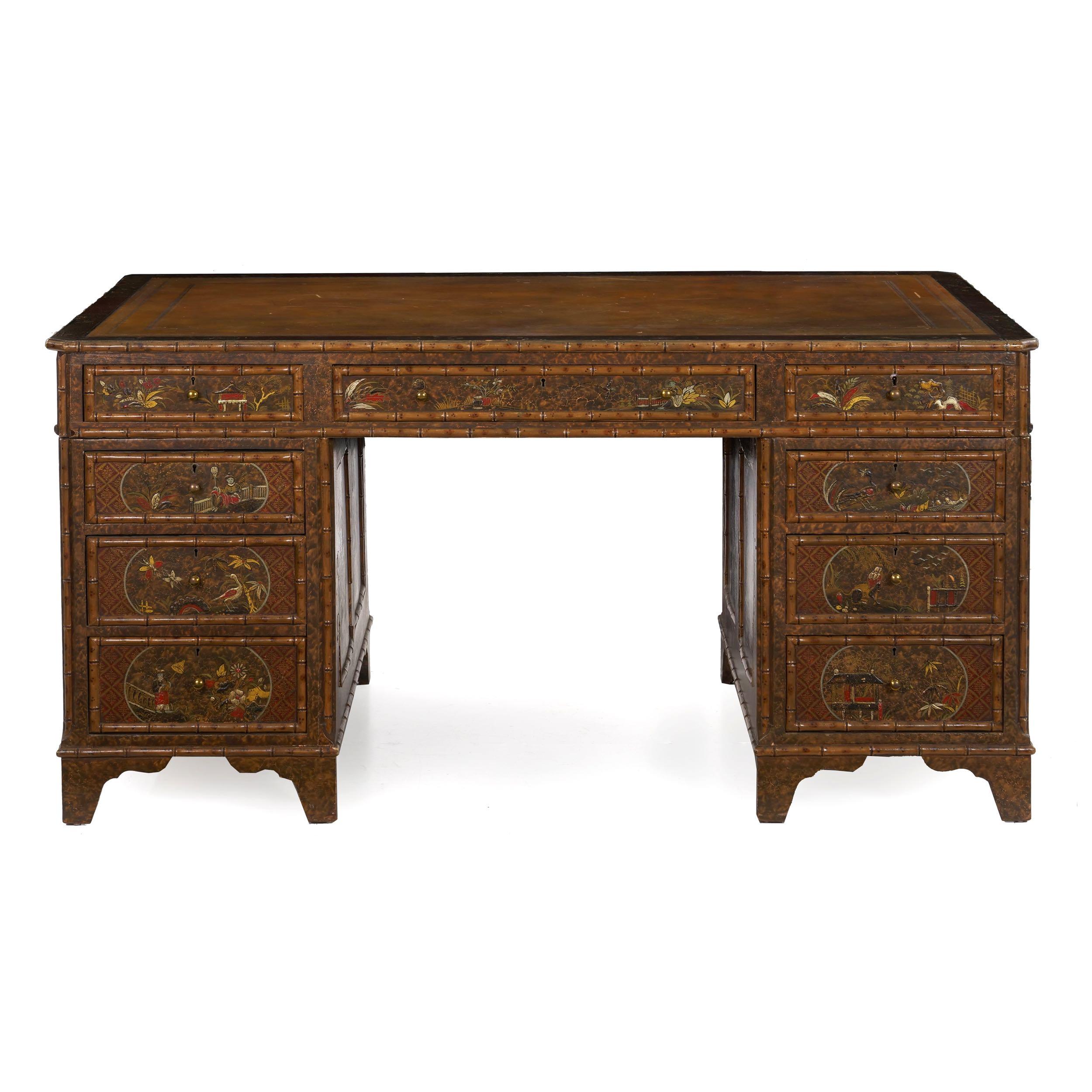 An unusually interesting pedestal desk from the last quarter of the 19th century, this gorgeous piece is designed in the George III taste with an attractive angularity to the case. In the typical manner, the top lifts free of the pedestals without