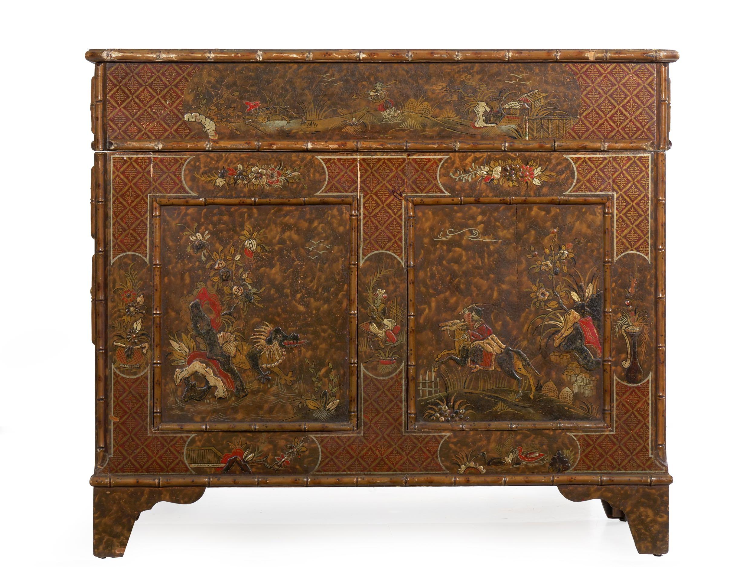 Brass George III Style Chinoiserie Decorated Pedestal Desk, England, circa 1880