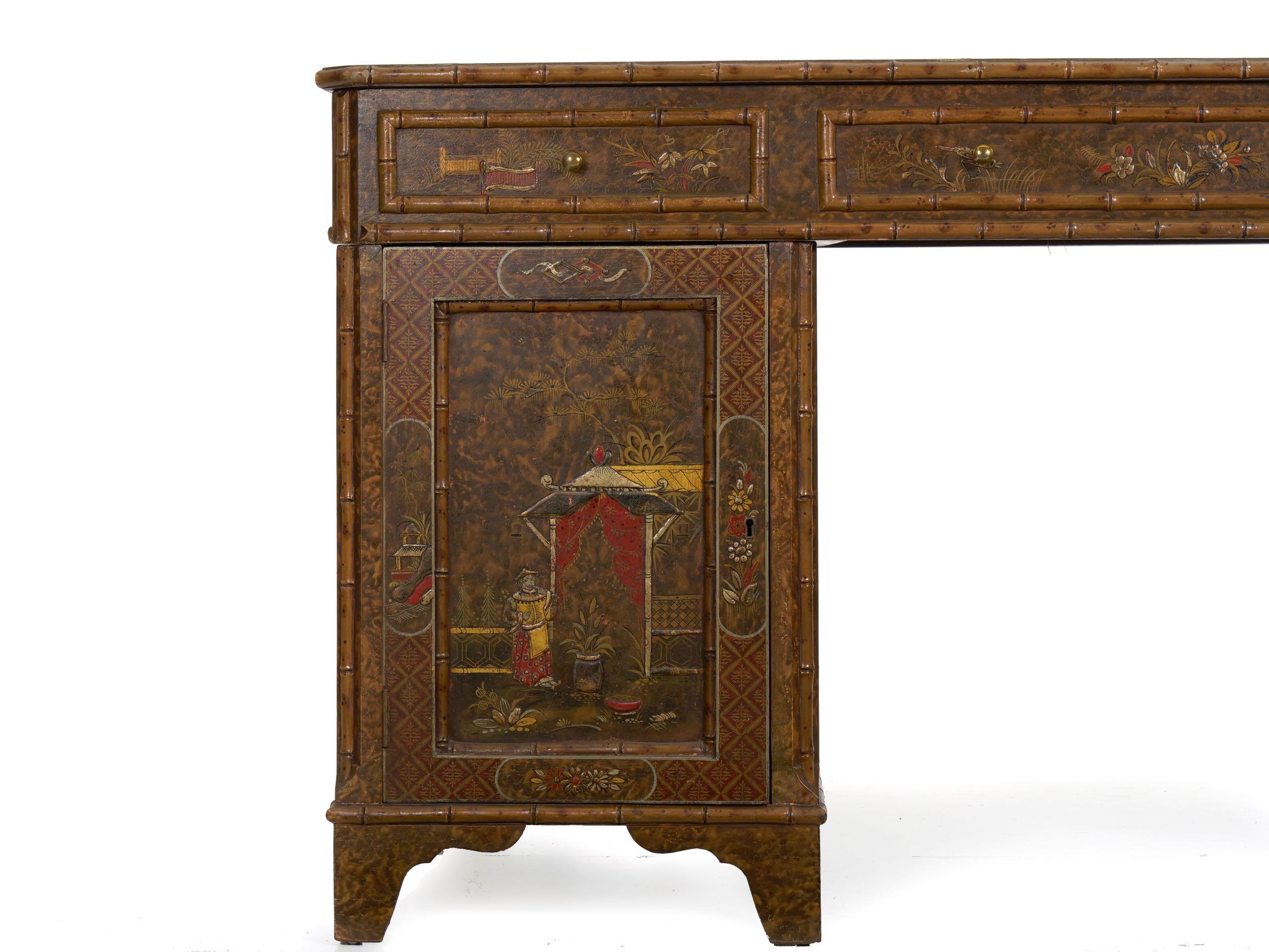 George III Style Chinoiserie Decorated Pedestal Desk, England, circa 1880 3