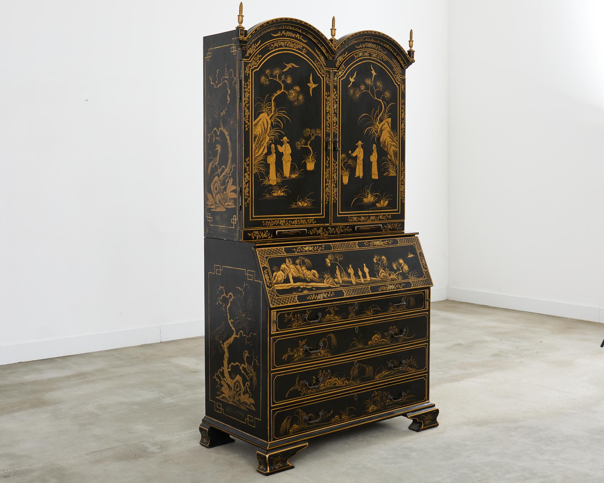 American George III Style Chinoiserie Lacquered Secretary Bookcase Desk