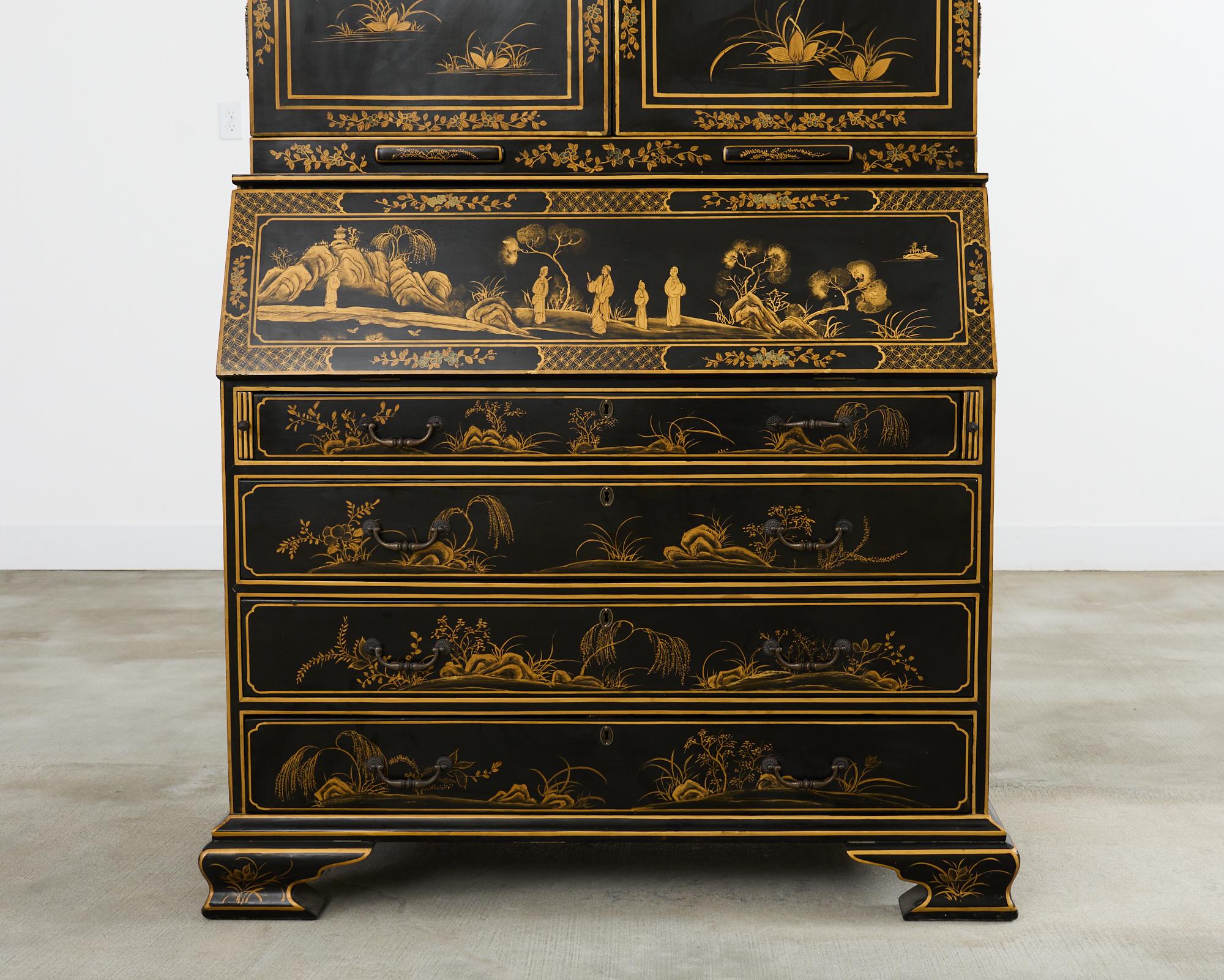 20th Century George III Style Chinoiserie Lacquered Secretary Bookcase Desk