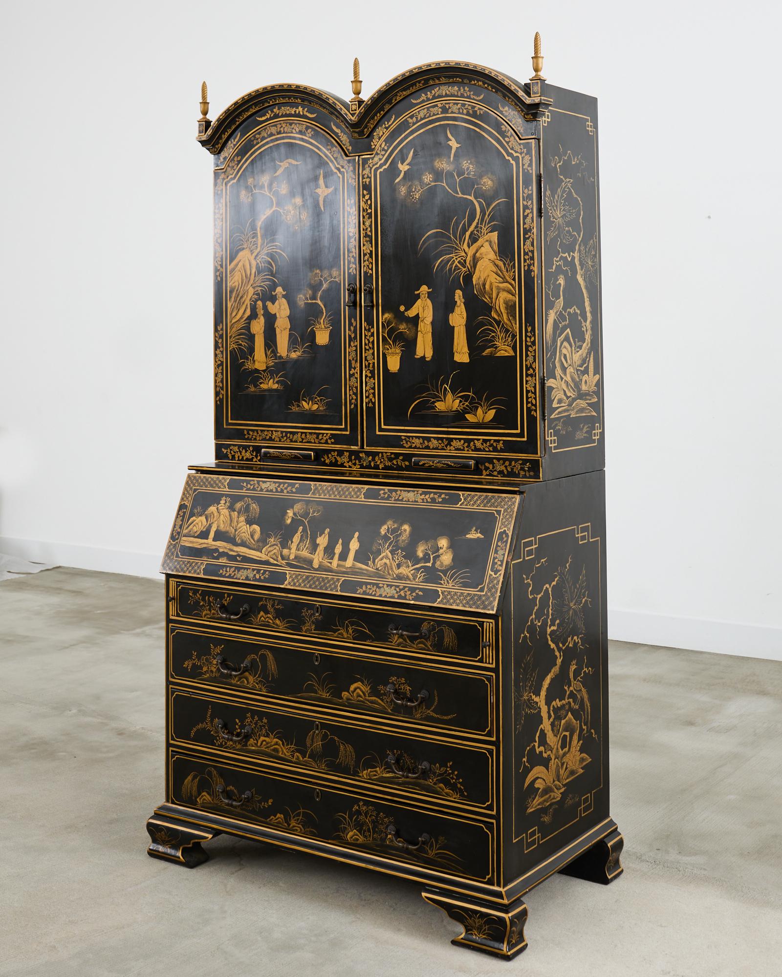 Brass George III Style Chinoiserie Lacquered Secretary Bookcase Desk