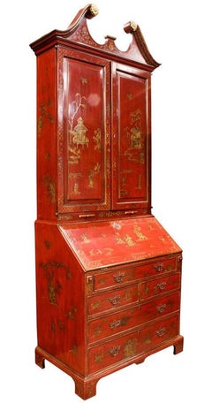 George III Style Chinoiserie Red Lacquered Secretary Bookcase