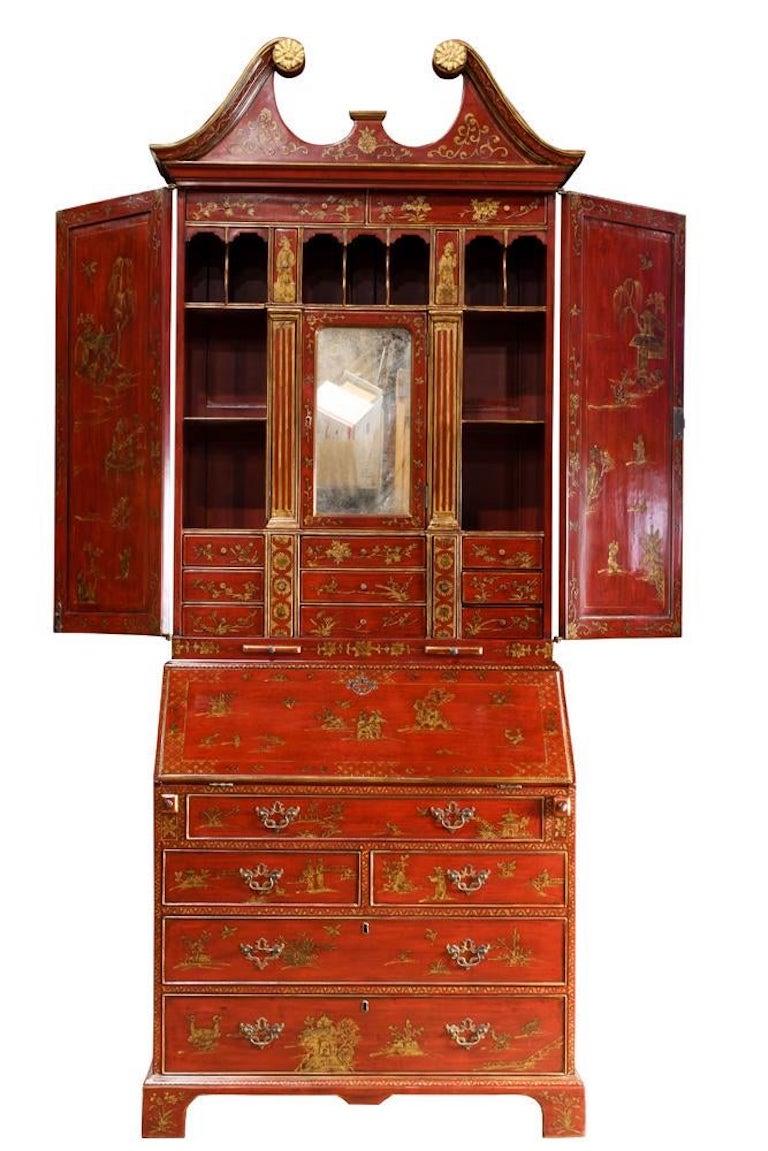 Unknown George III Style Chinoiserie Red Lacquered Secretary Bookcase