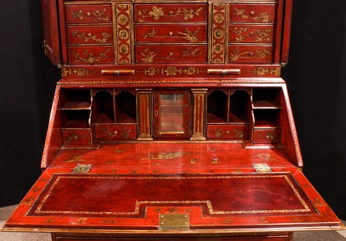 Painted George III Style Chinoiserie Red Lacquered Secretary Bookcase