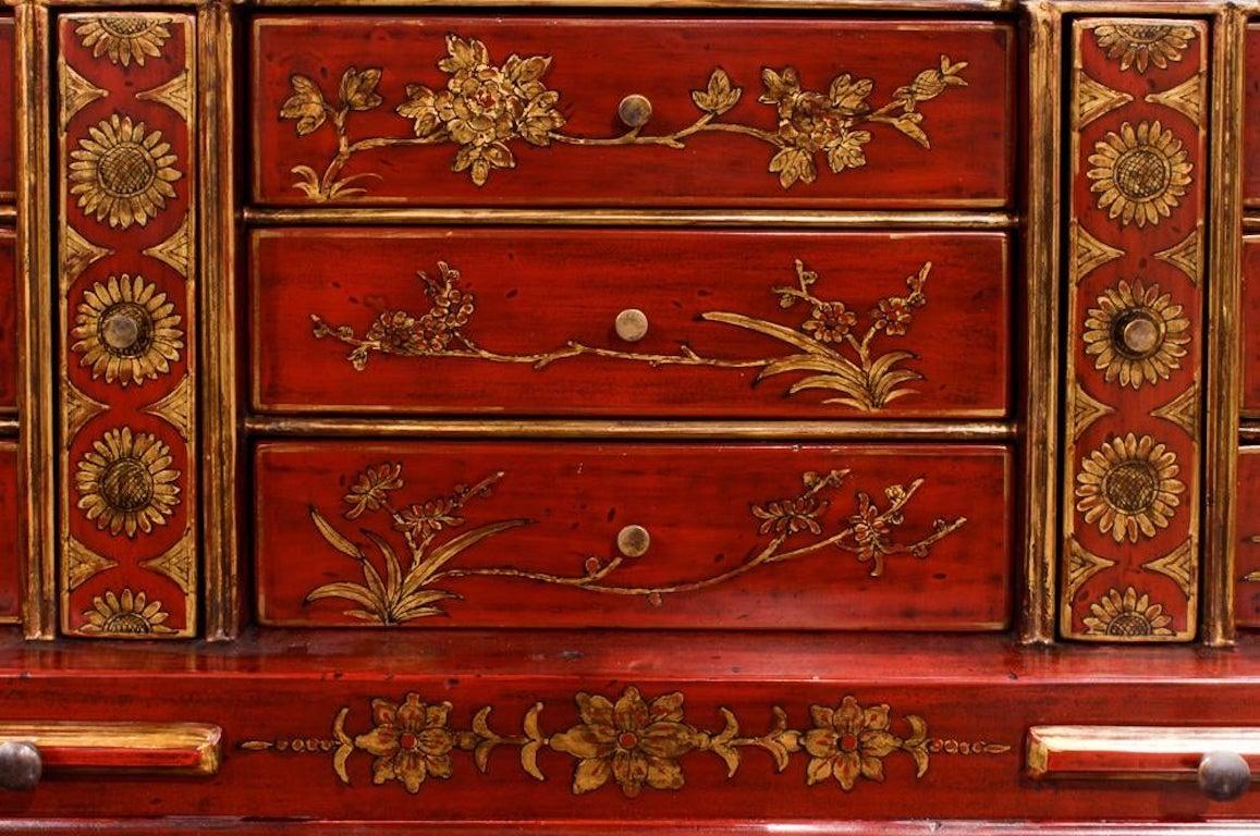 George III Style Chinoiserie Red Lacquered Secretary Bookcase In Good Condition In Essex, MA