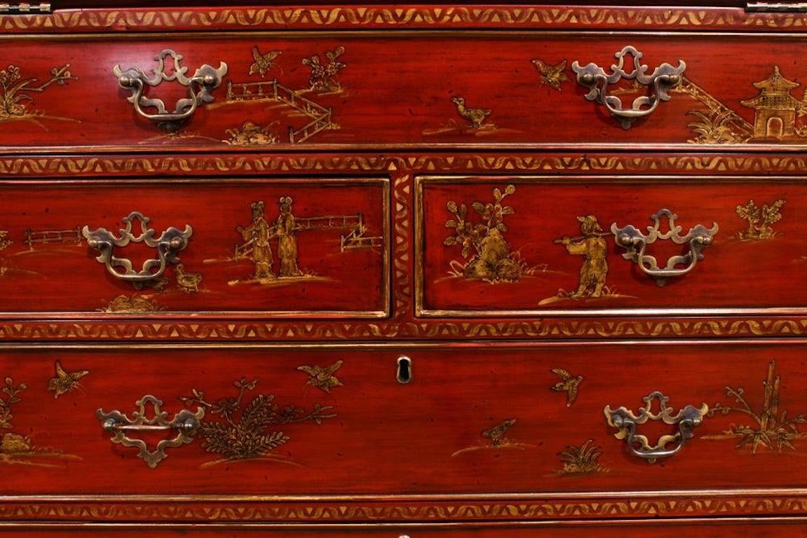 20th Century George III Style Chinoiserie Red Lacquered Secretary Bookcase