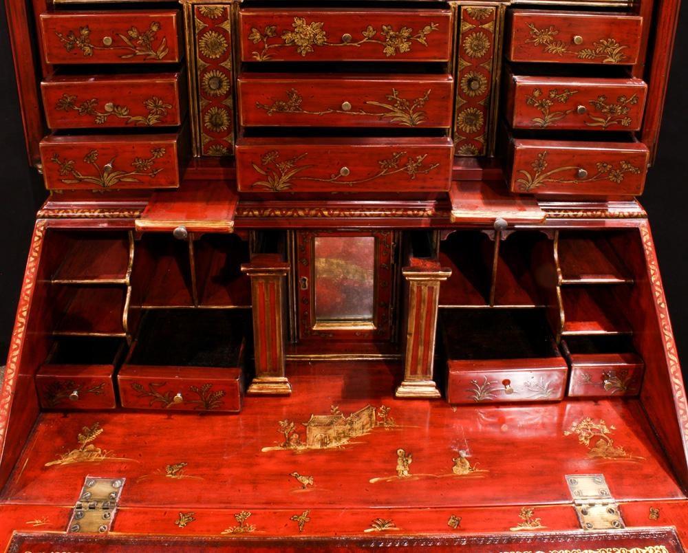 Oak George III Style Chinoiserie Red Lacquered Secretary Bookcase