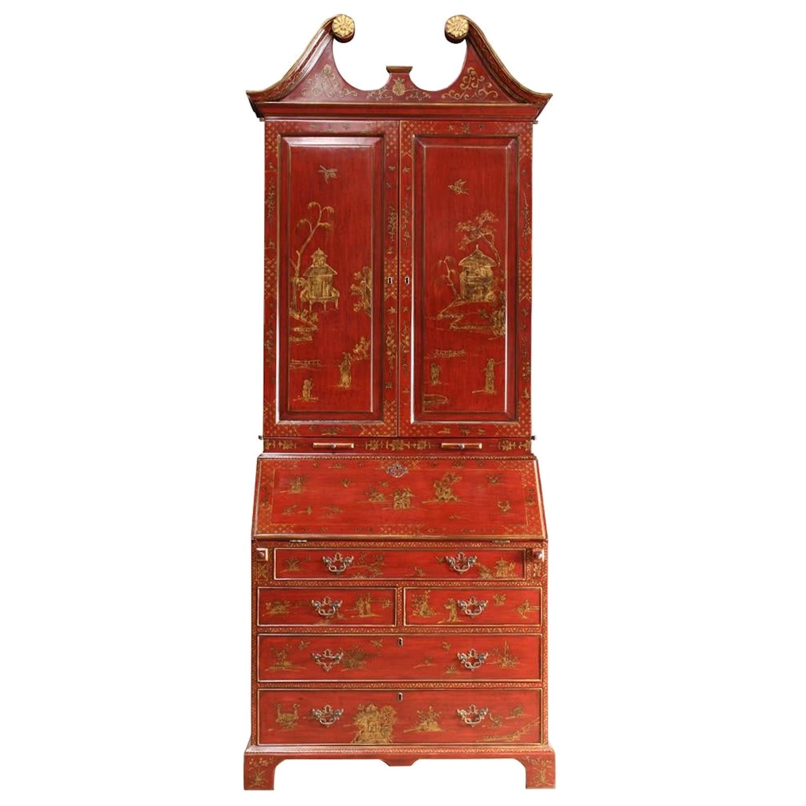 George III Style Chinoiserie Red Lacquered Secretary Bookcase