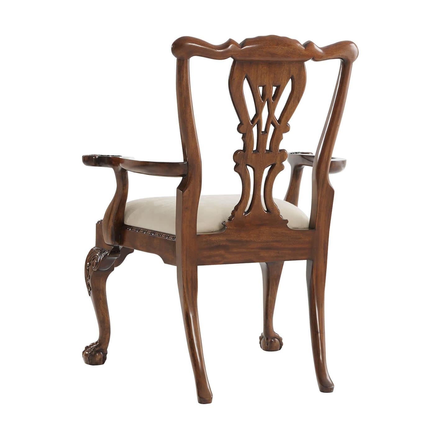 George III style mahogany ball and claw foot dining armchair, the foliate carved top rail and pierced vase splat between waisted uprights above an upholstered drop-in seat on acanthus leaf scroll carved cabriole legs terminating in claw and ball