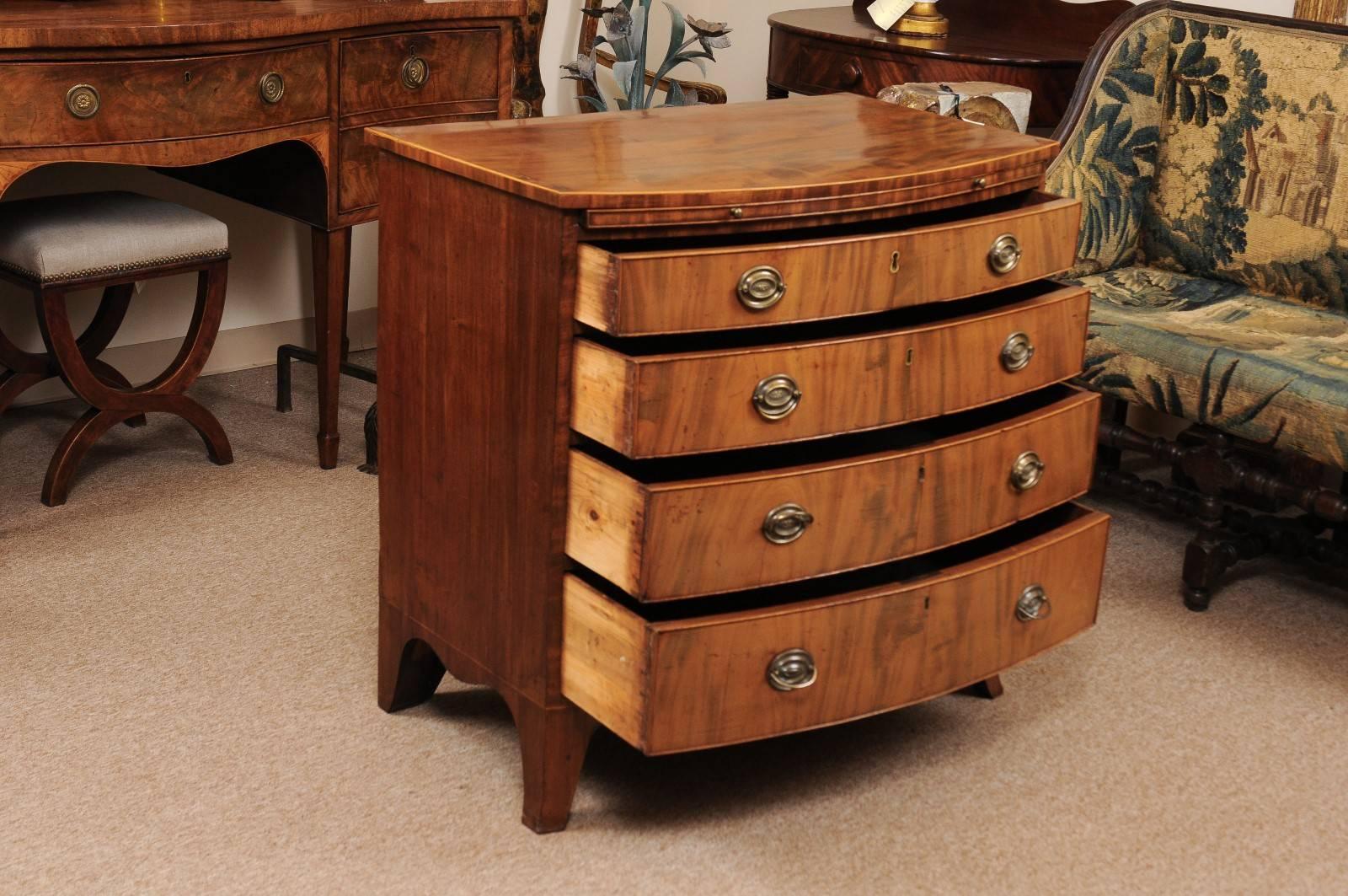 Brass George III Style English Bow Front Mahogany Chest with Brushing Slide