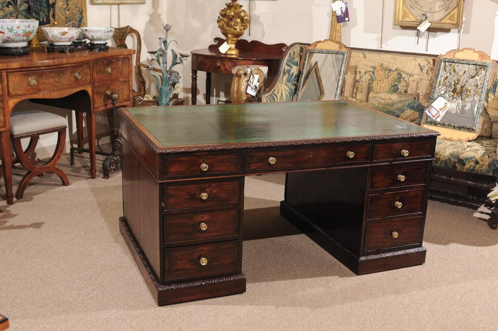 Carved George III Style English Mahogany Pedestal Partner's Desk, Mid-19th Century