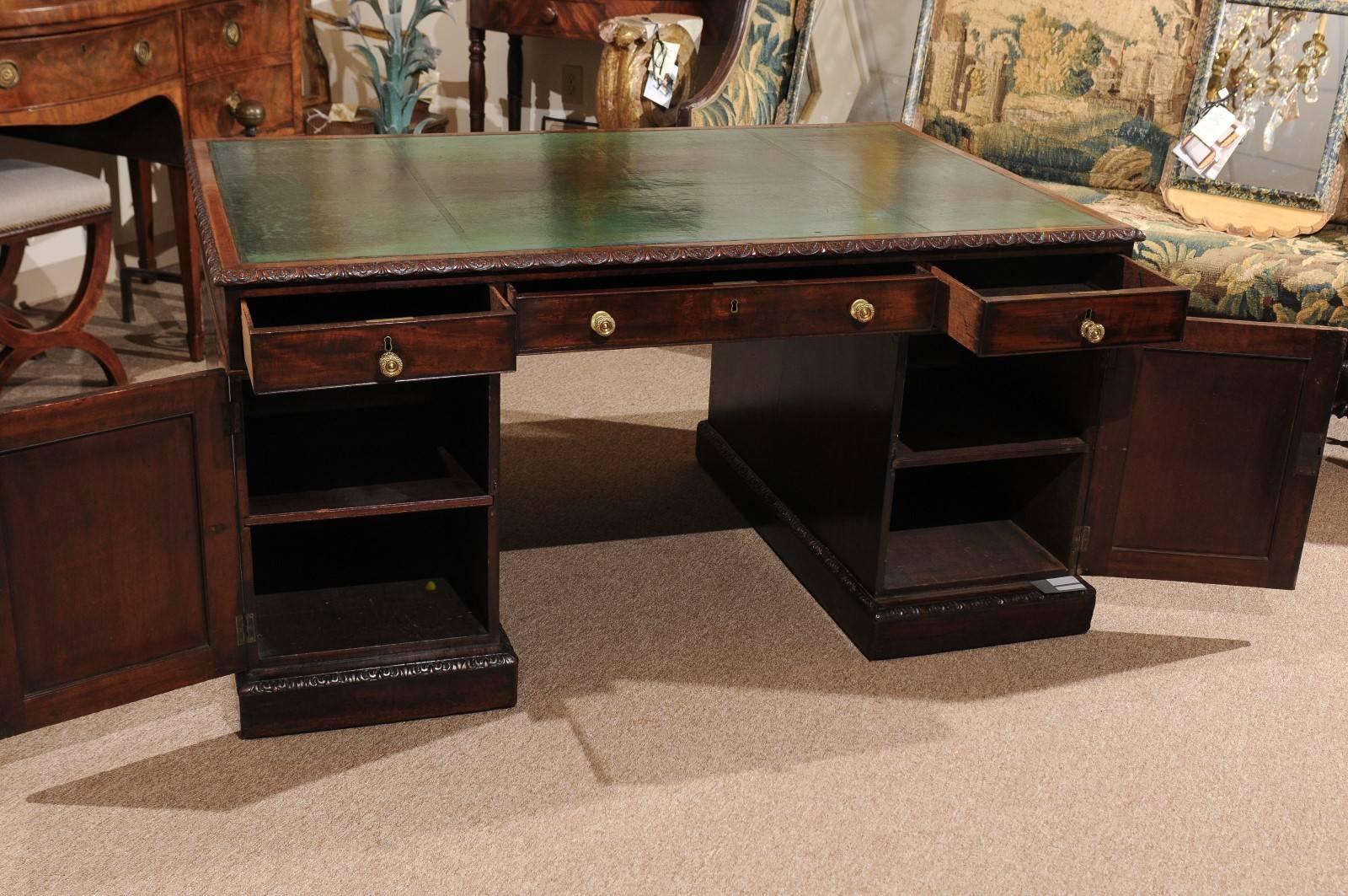 George III Style English Mahogany Pedestal Partner's Desk, Mid-19th Century 4