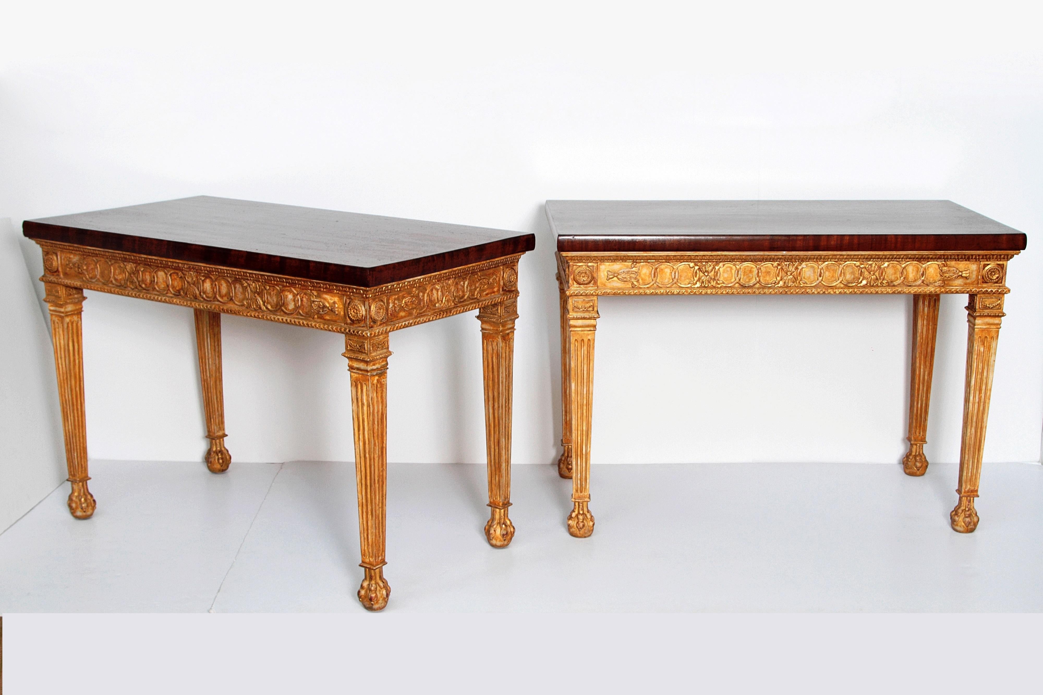 English George III-Style Giltwood and Mahogany Console Tables / Pair