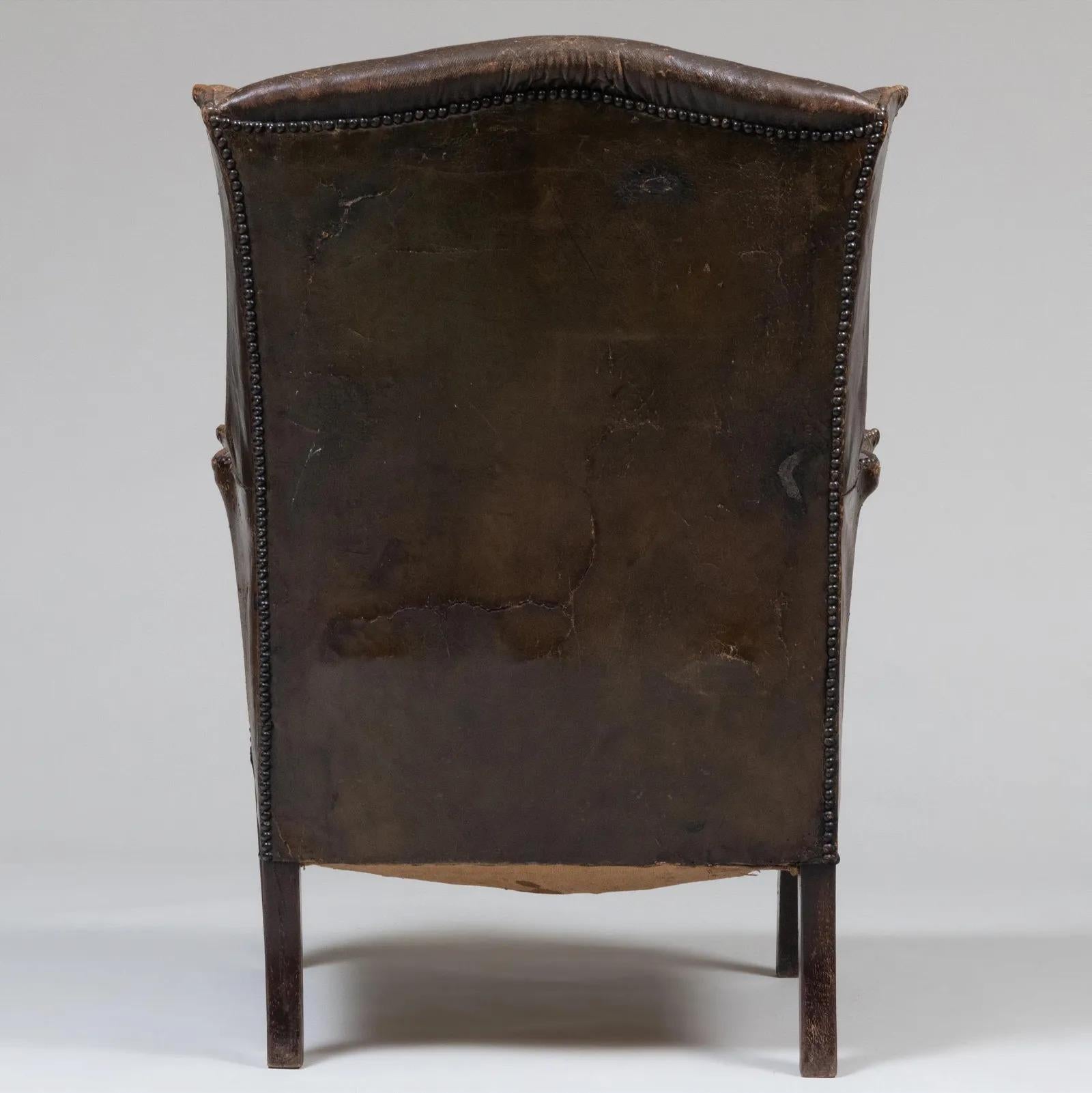 Early 20th Century George III Style Leather Wingback Chair For Sale