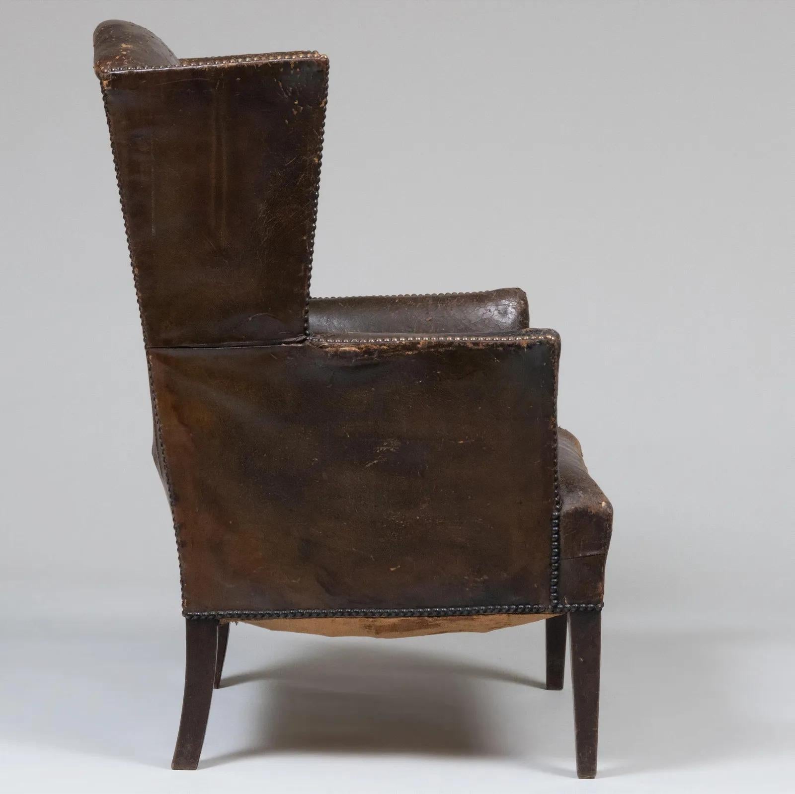 Wood George III Style Leather Wingback Chair For Sale