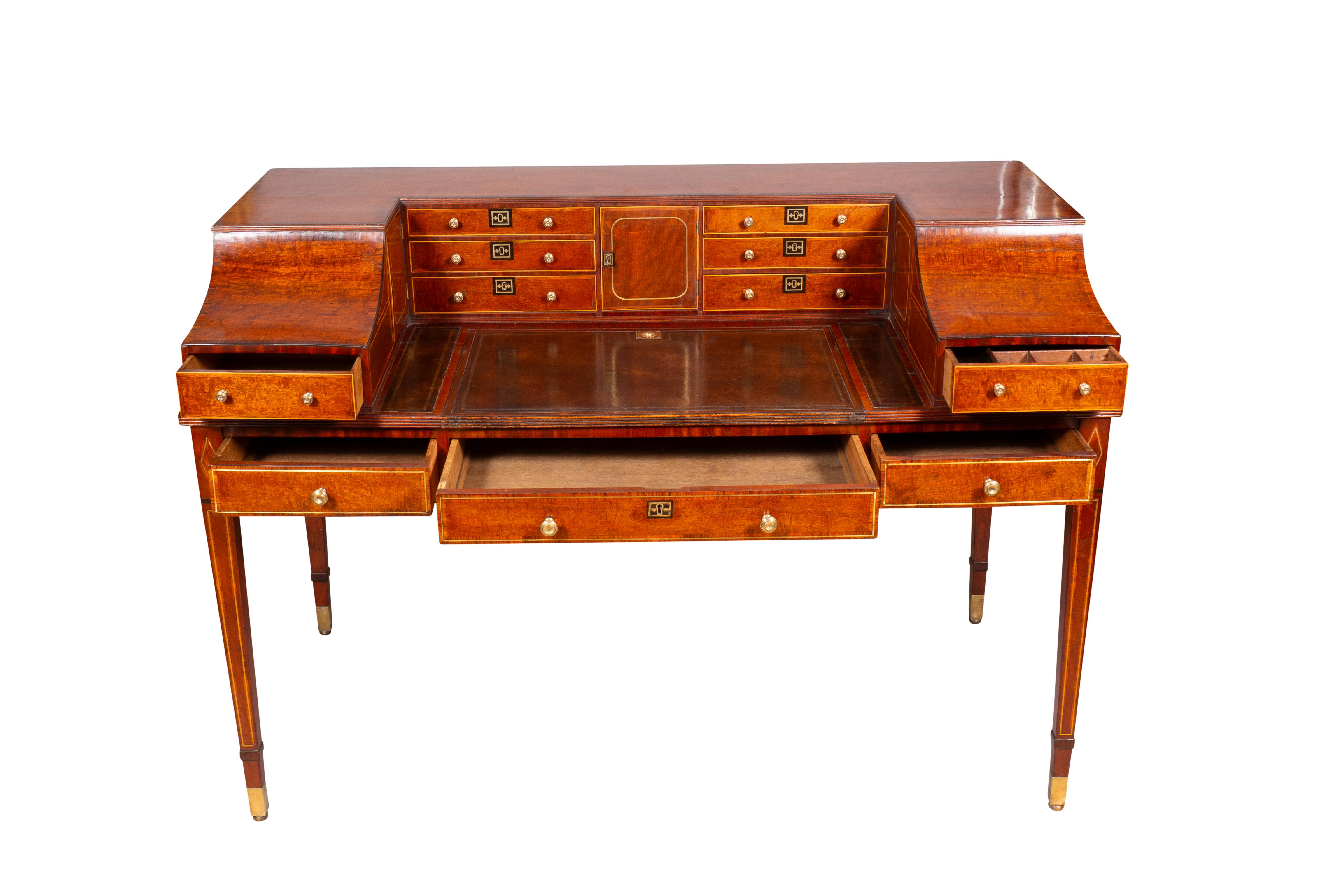 George III Style Mahogany And Brass Inlaid Carleton House Desk In Good Condition For Sale In Essex, MA