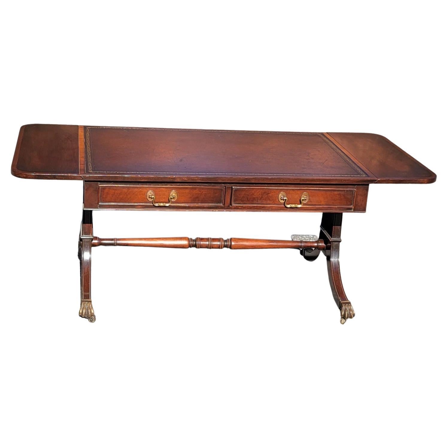 George III Style Mahogany and Leather Top Inset Drop Leaf Coffee Table on Wheels 5