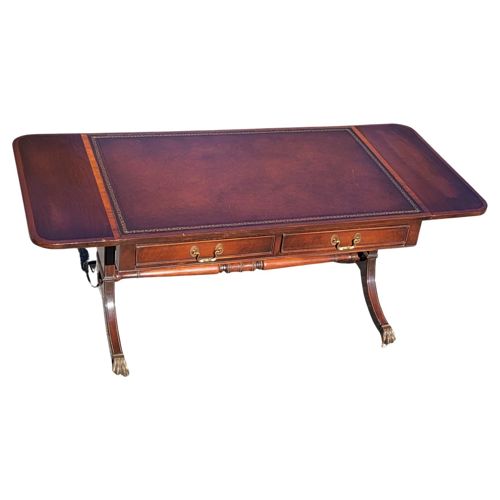 American George III Style Mahogany and Leather Top Inset Drop Leaf Coffee Table on Wheels