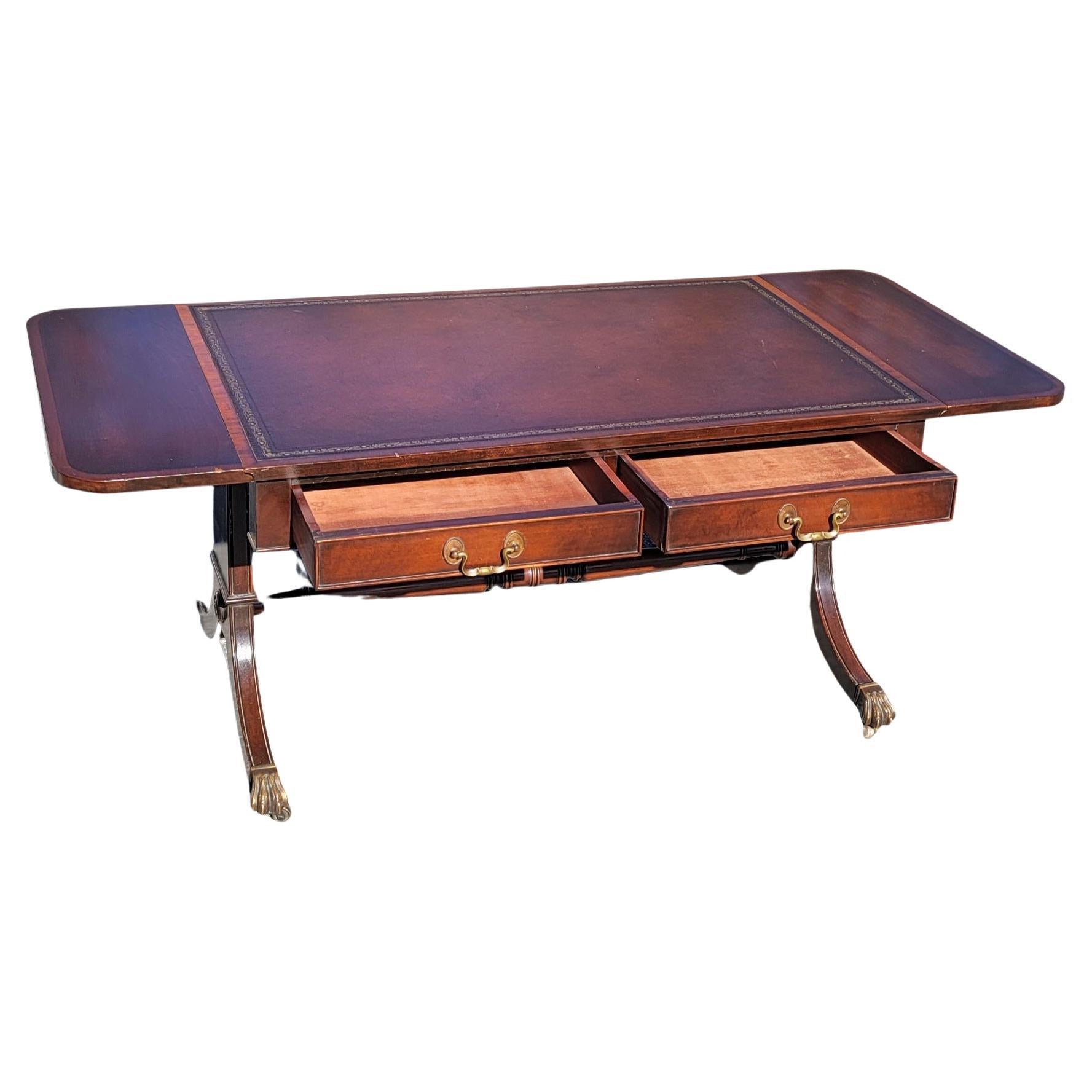 Woodwork George III Style Mahogany and Leather Top Inset Drop Leaf Coffee Table on Wheels
