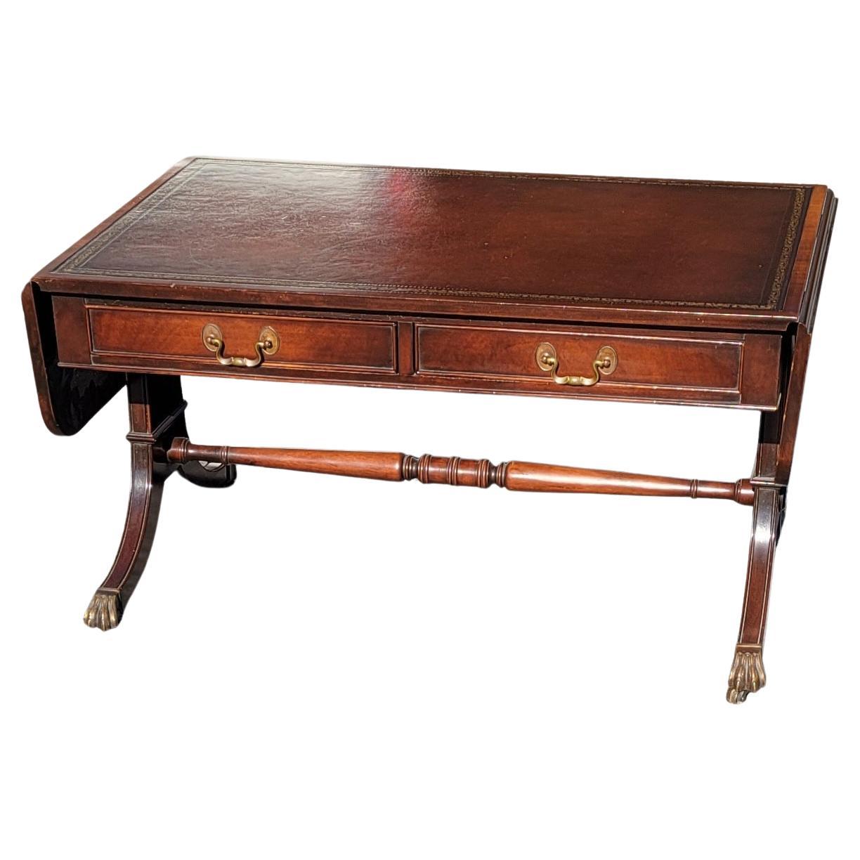 George III Style Mahogany and Leather Top Inset Drop Leaf Coffee Table on Wheels 2