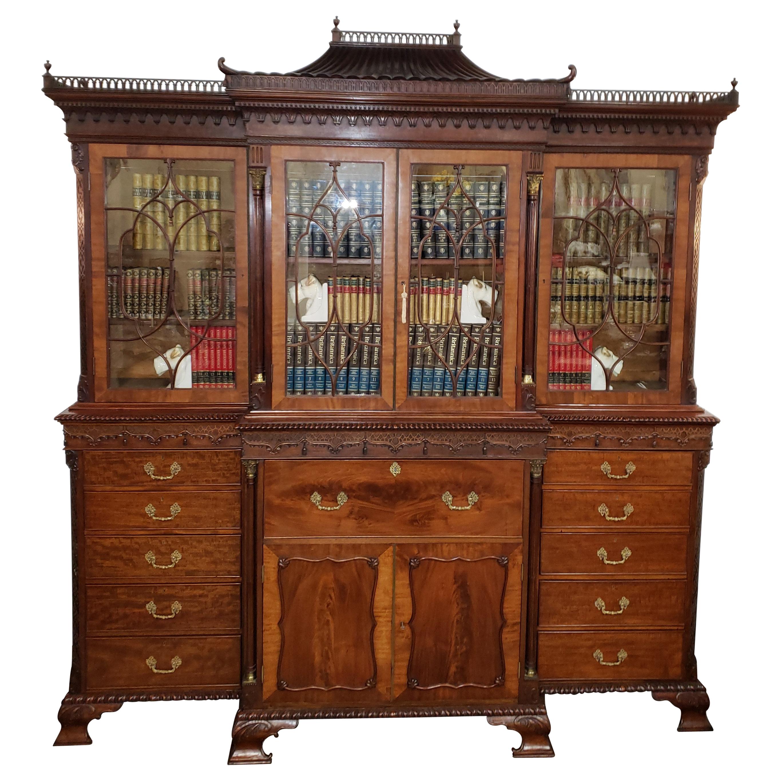 George III Style Mahogany Breakfront Secretaire Library Bookcase