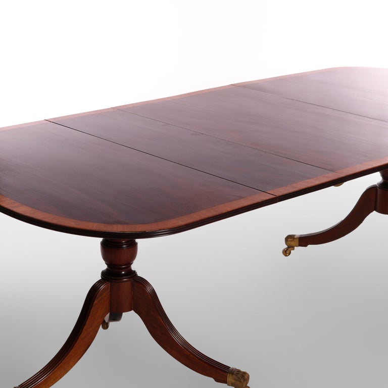 George III Style Mahogany Cross Banded Inlay Tilt-Top Dining Table & Leaf c1940 In Good Condition For Sale In Big Flats, NY