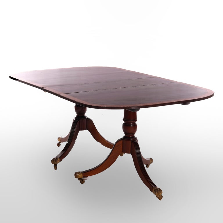 George III Style Mahogany Cross Banded Inlay Tilt-Top Dining Table & Leaf c1940 For Sale 4