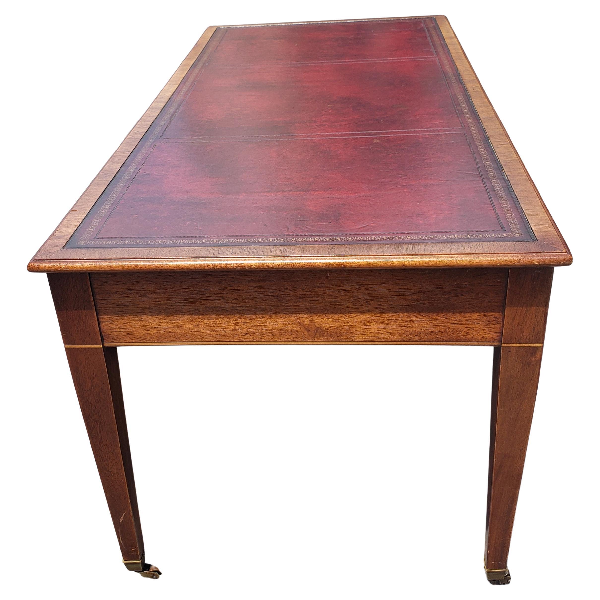American George III Style Mahogany Maroon Leather Inset Top Coffee Table on Wheels