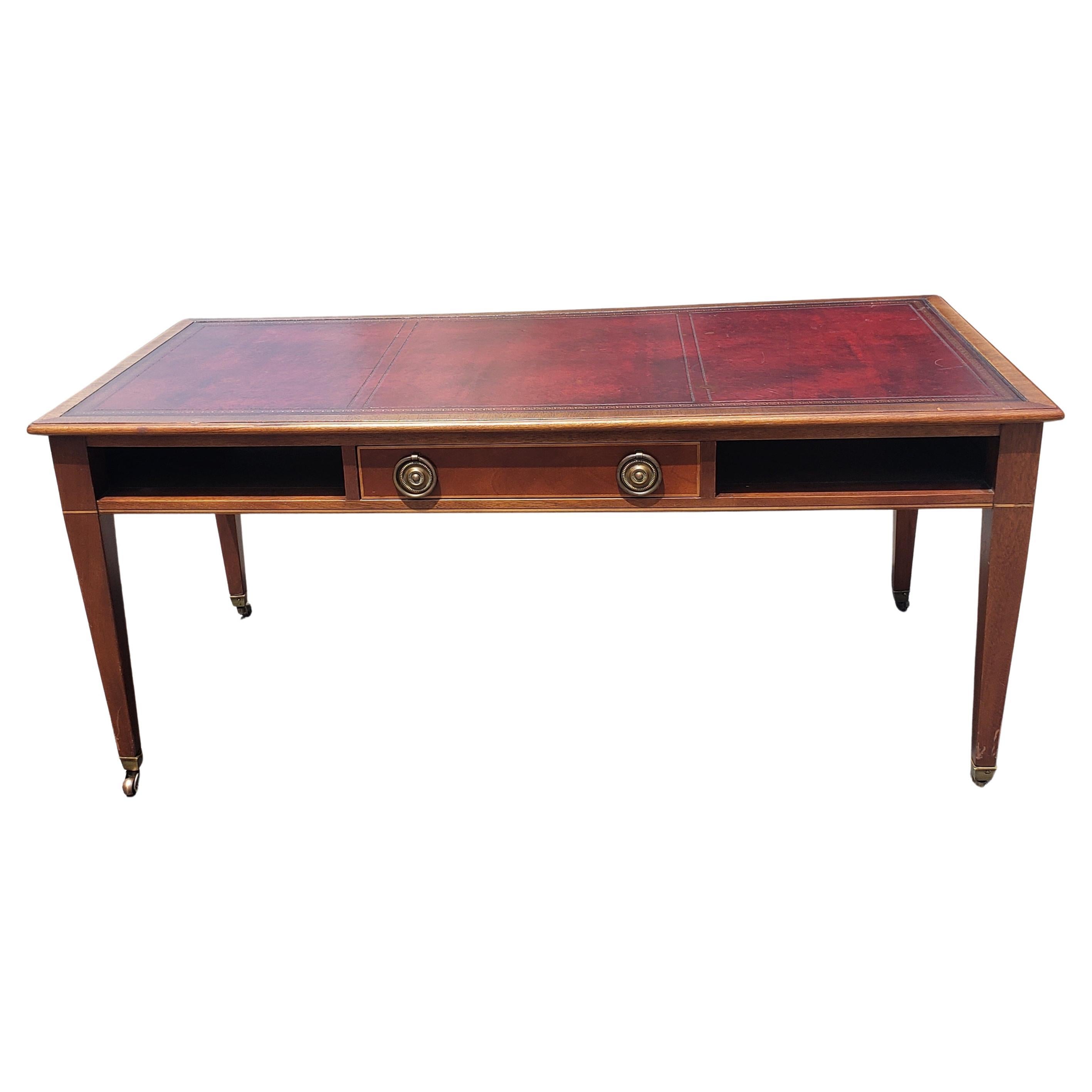 Woodwork George III Style Mahogany Maroon Leather Inset Top Coffee Table on Wheels